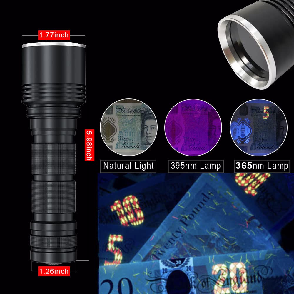 LBJD Black Light UV Flashlight - 365NM Rechargeable, High Power 4 LED, Anodized Aluminum, 4 Core Chip