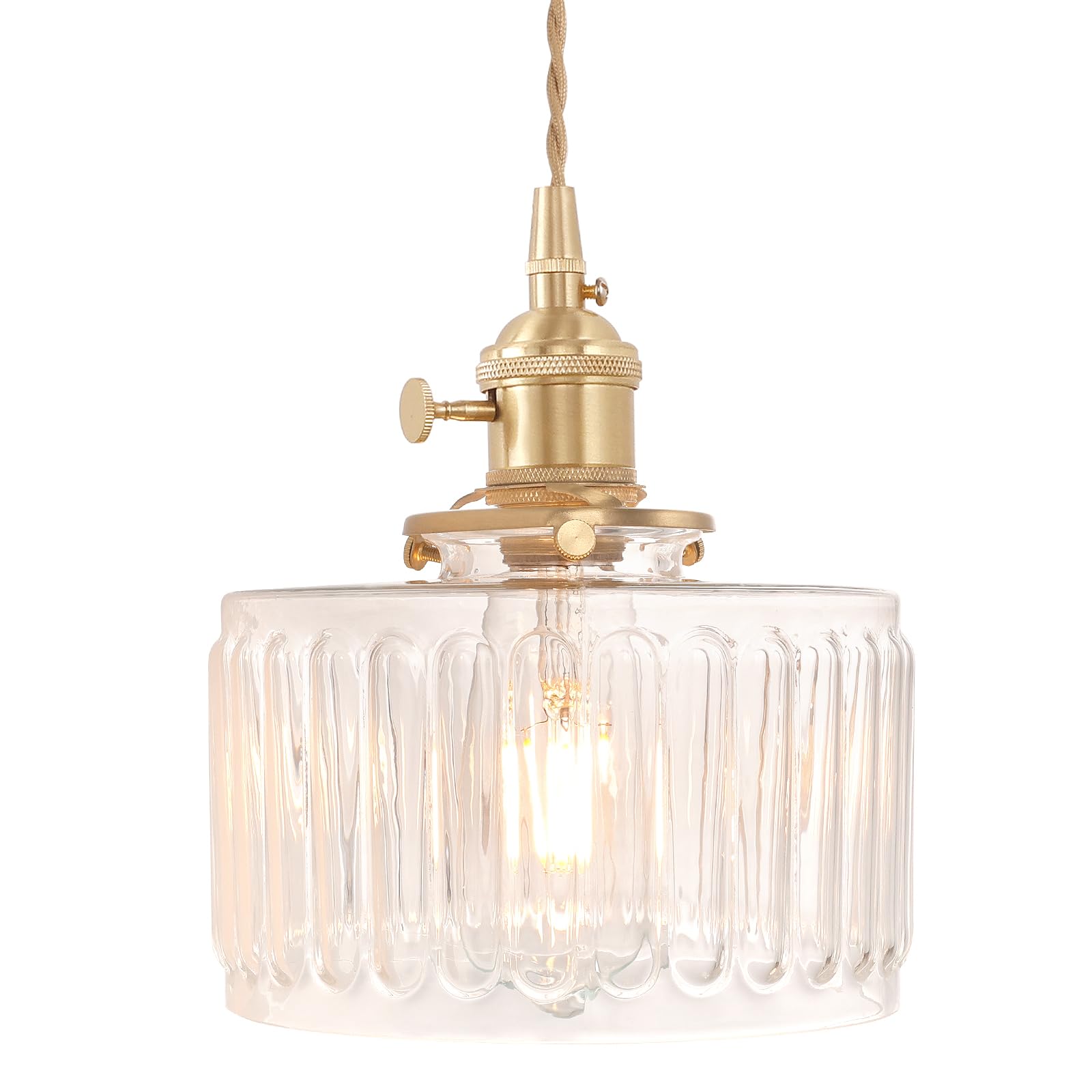 Shenmoyl Pendant Light with Clear Striped Glass Lmapshade, Brass Vintage Pendant Light Adjustable Hanging Light for Kitchen Isla