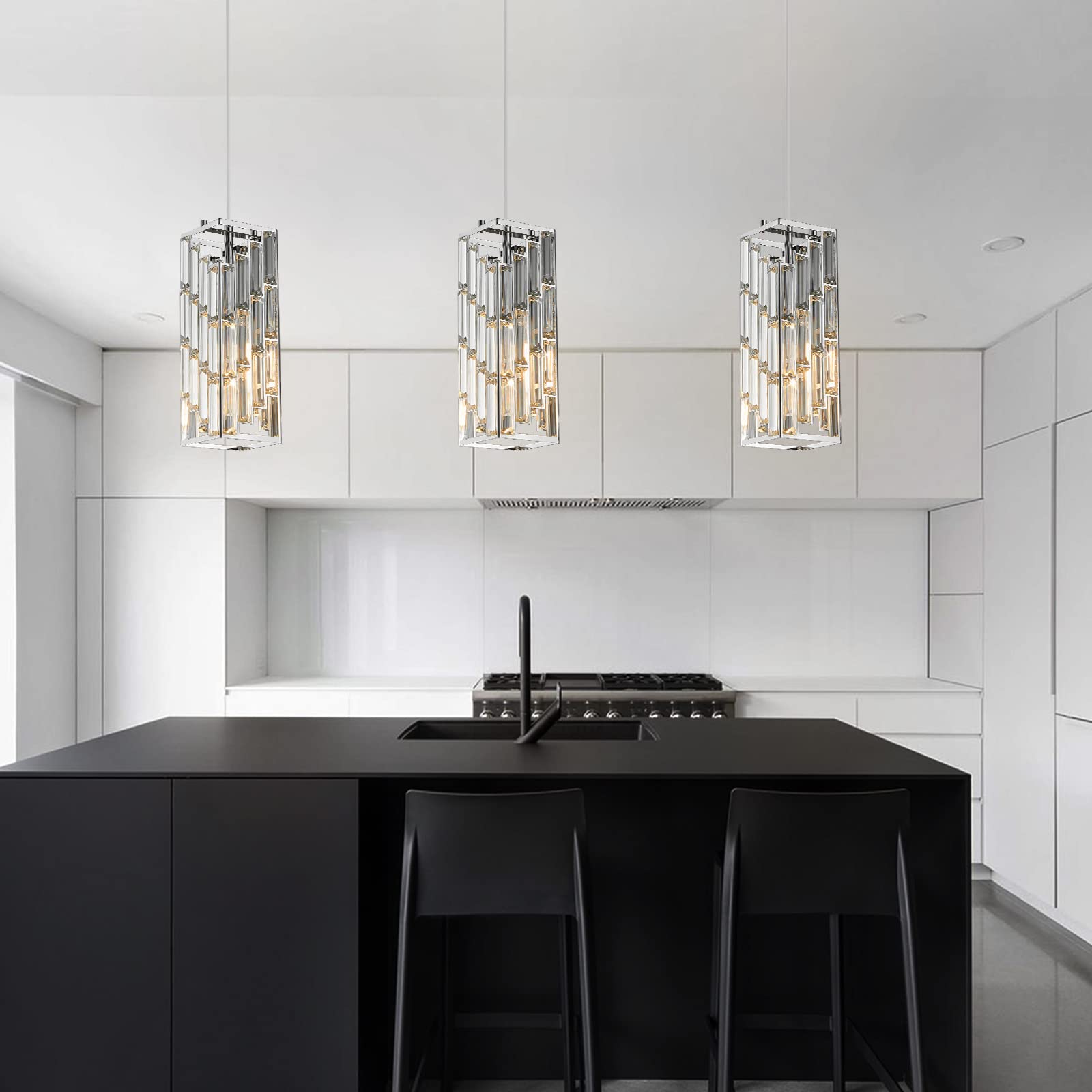 FDPBY Chrome Mini Crystal Pendant Light, 3-Pack Adjustable Fixture for Kitchen Island, Dining Room, Bedroom, Model JP-002