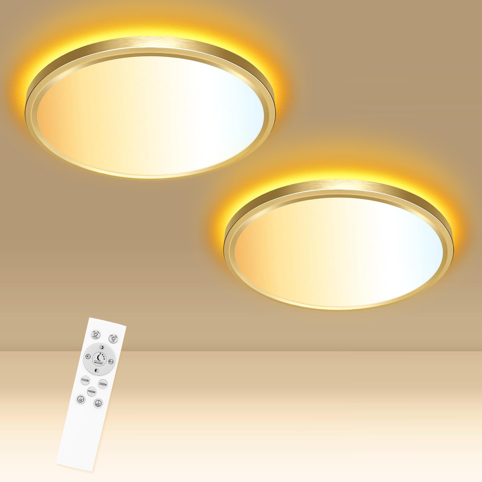 Libtit 12 Inch Gold Led Ceiling Light With Night Light 1800K, 3000K/4000K/6500K Dimmable Flush Mount Lights With Remote Control,