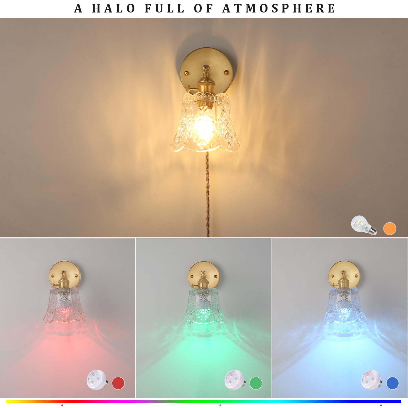 Shenmoyl Vintage Battery Operated Wall Sconces Set of Two, RGB Dimmable LED, Glass, Wireless, Rose Transparent, Model 1-94961-scona