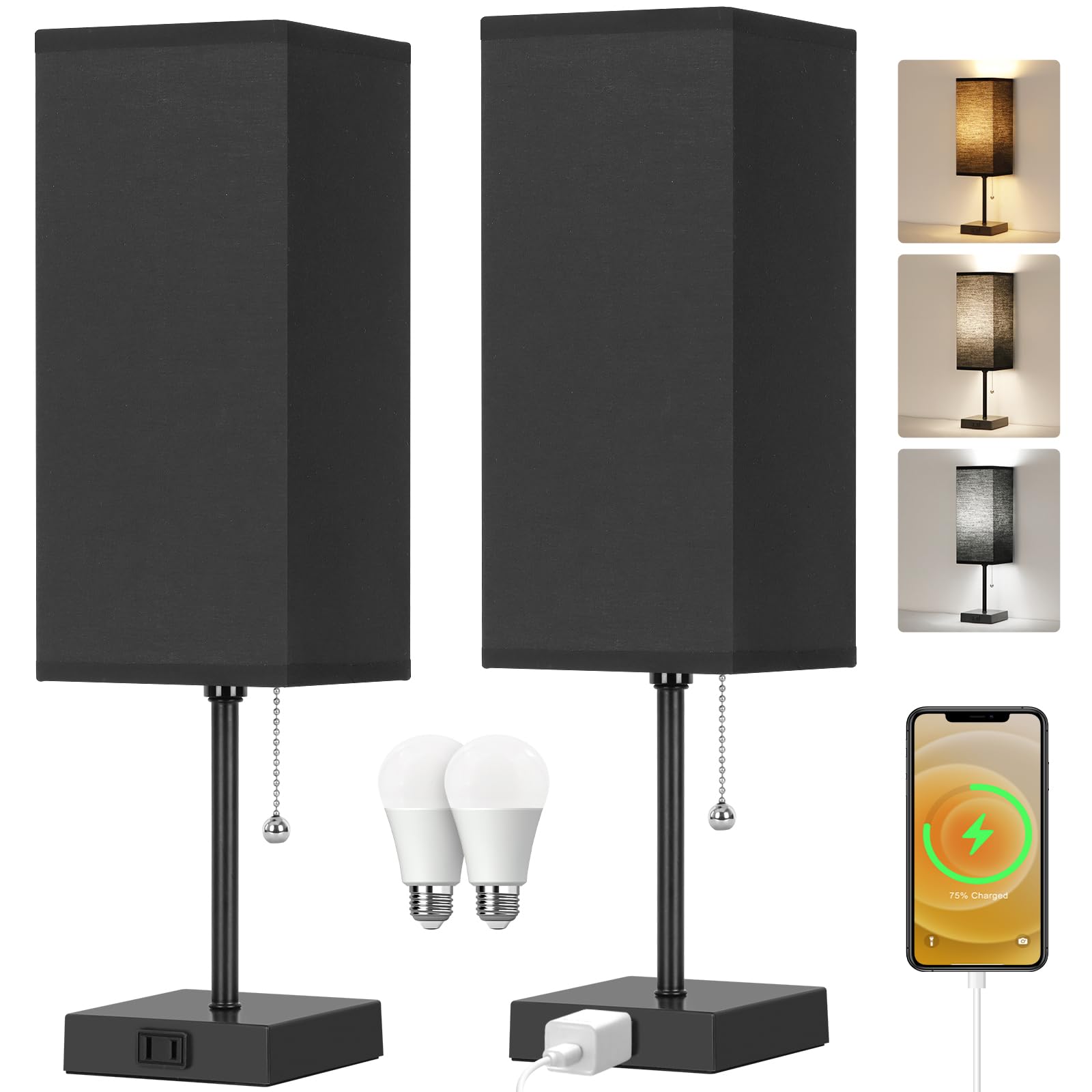 Dott Arts Table Lamp Set of 2, 3-Color, 18in Black Plastic Nightstand Lamps with Pull Chain and AC Outlets, Model PTL6W-028