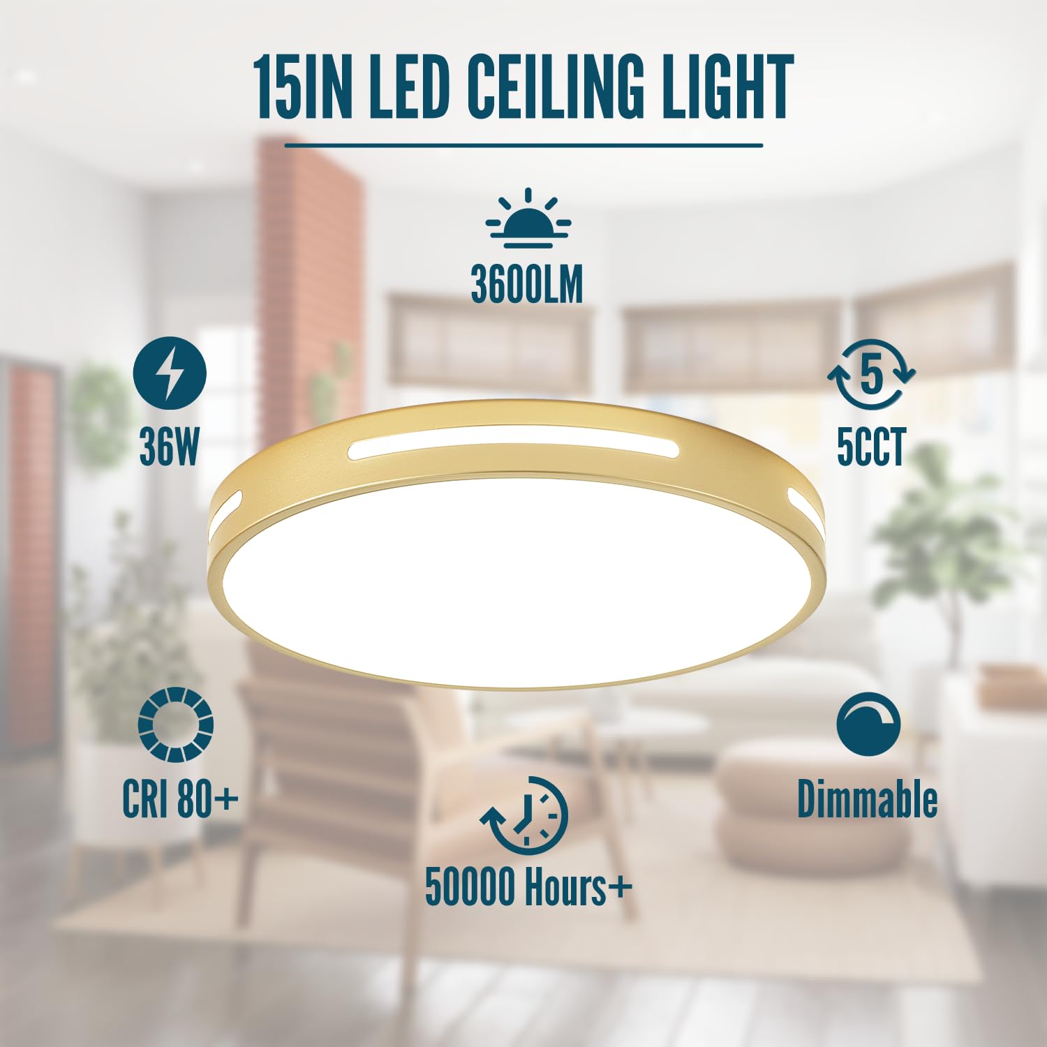 Wheatronic Gold Led Flush Mount Light Fixture - 15 Inch, 36W Set Of 2, Dimmable Kitchen Lighting, Modern Ceiling Mount For Bedroom, Bathroom, Living Room