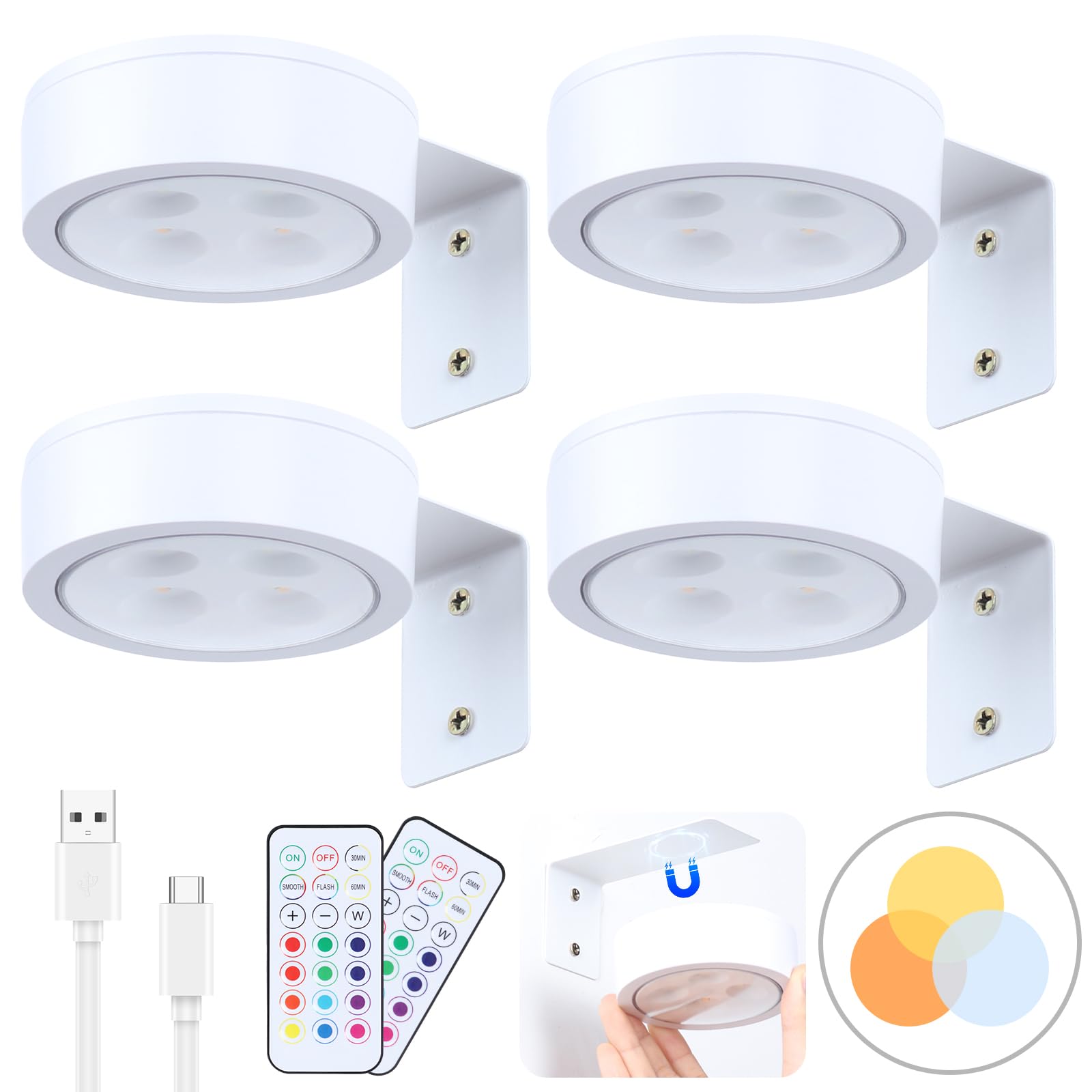 Ovyiech Wireless Picture Lights, Rechargeable Battery Operated, Dimmable, 4 Pack, White, Model XS-PCL03-04WT