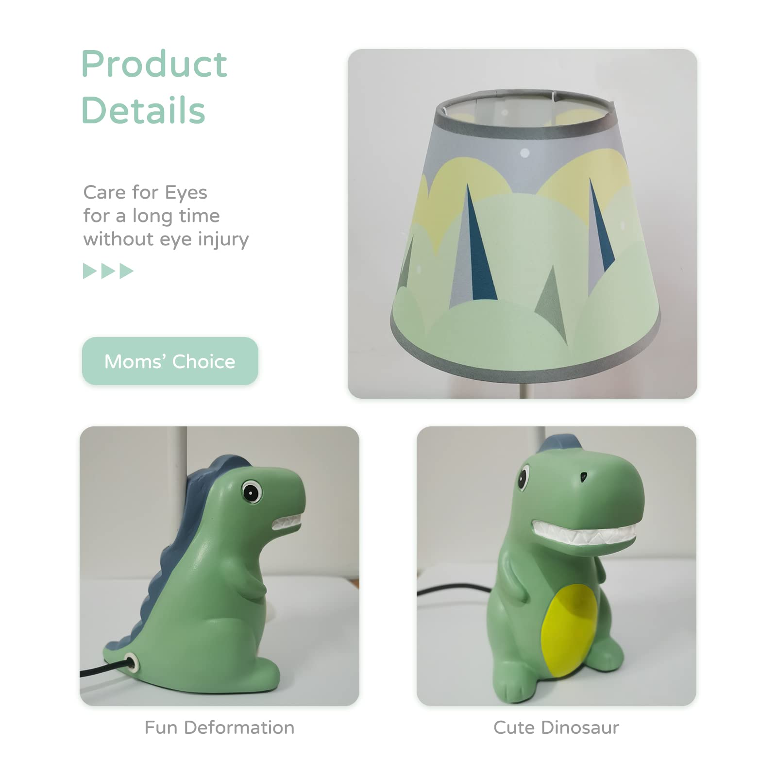 HERBESTBAY Dinosaur Kids Table Lamp, 13" Green Metal Bedside Lamp with LED Bulb, Model HERBAY6002