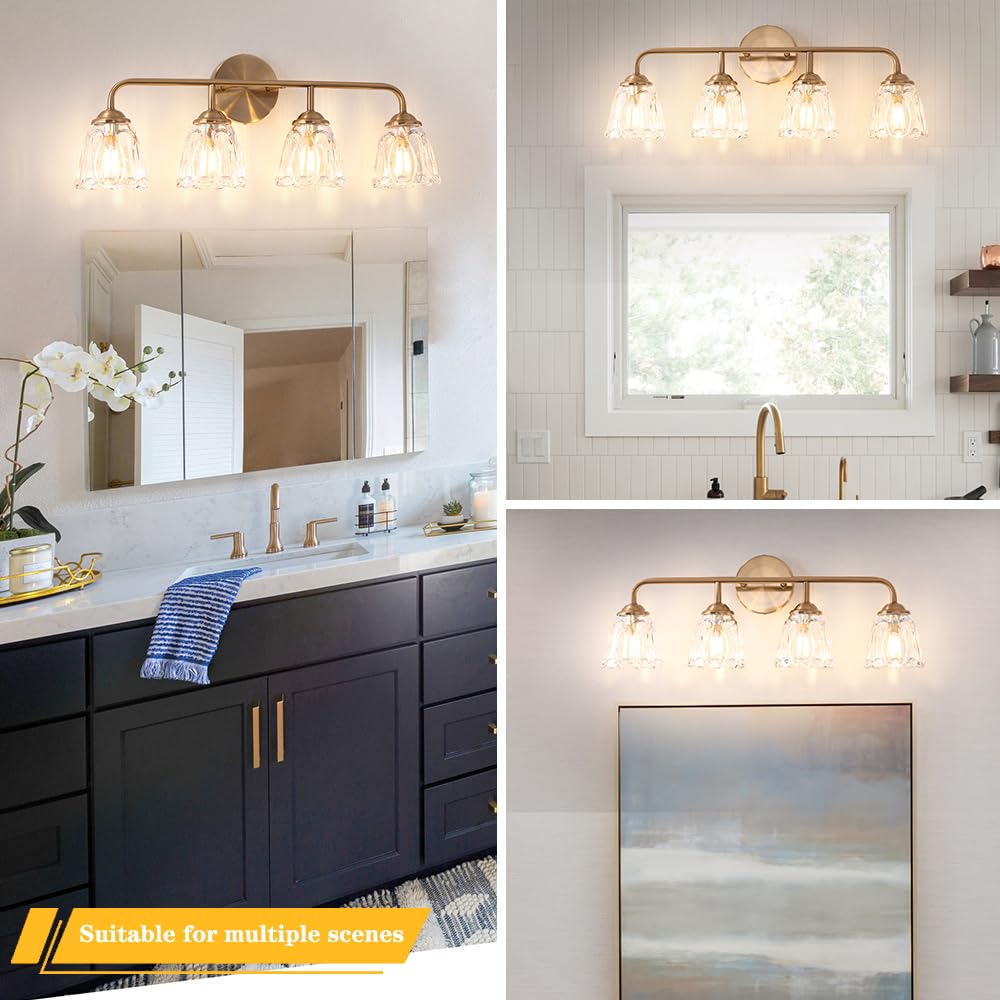 Vintage Brass Gold Vanity Lights For Bathroom, 4-Light Bathroom Lighting Fixtures Over Mirror, Elegant Flower Glass Bathroom Van