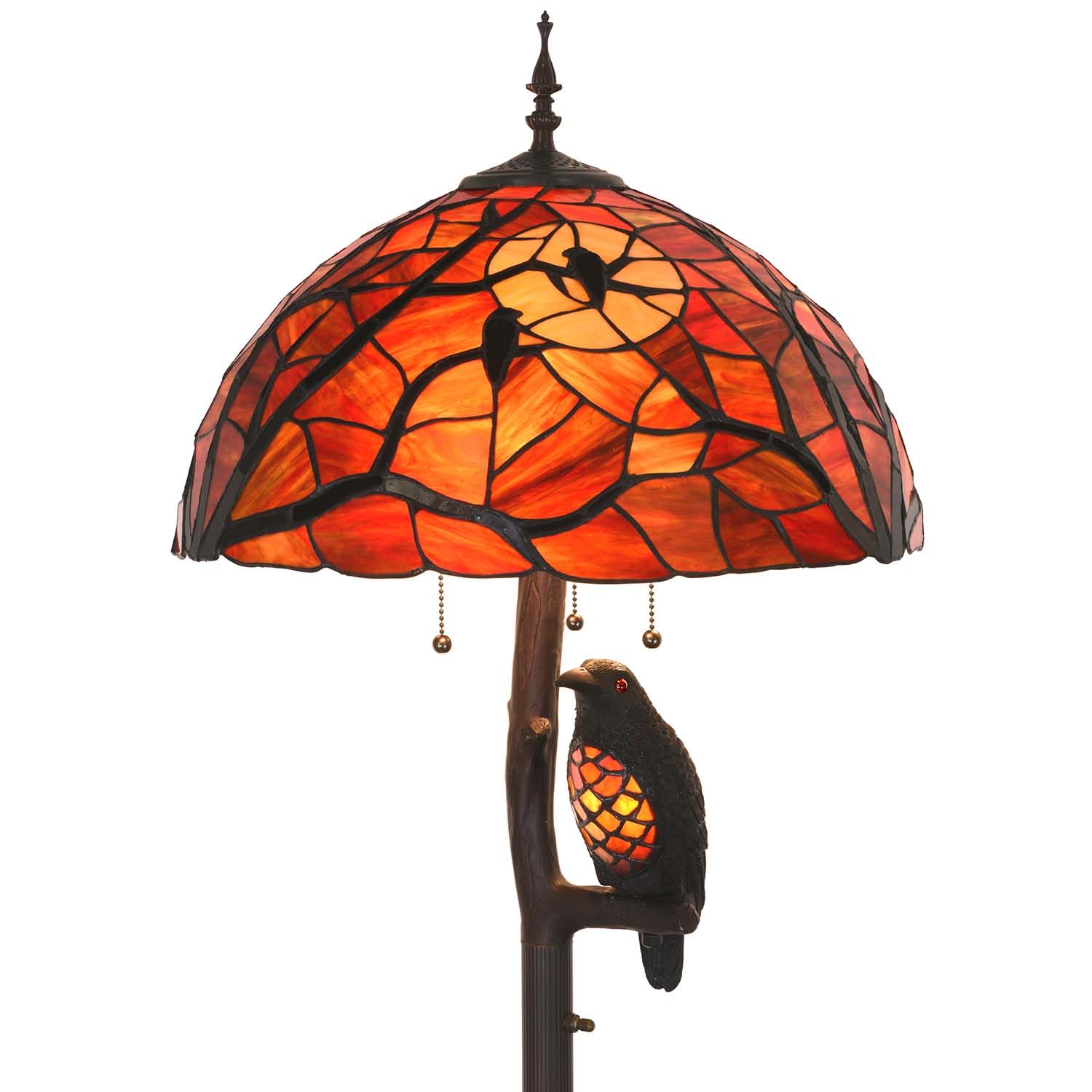 Bieye Tiffany Style Stained Glass Floor Lamp - Ravens On Tree Branch, 65 Tall, Black Red, Model Owlfloor, Double Lit Night Light