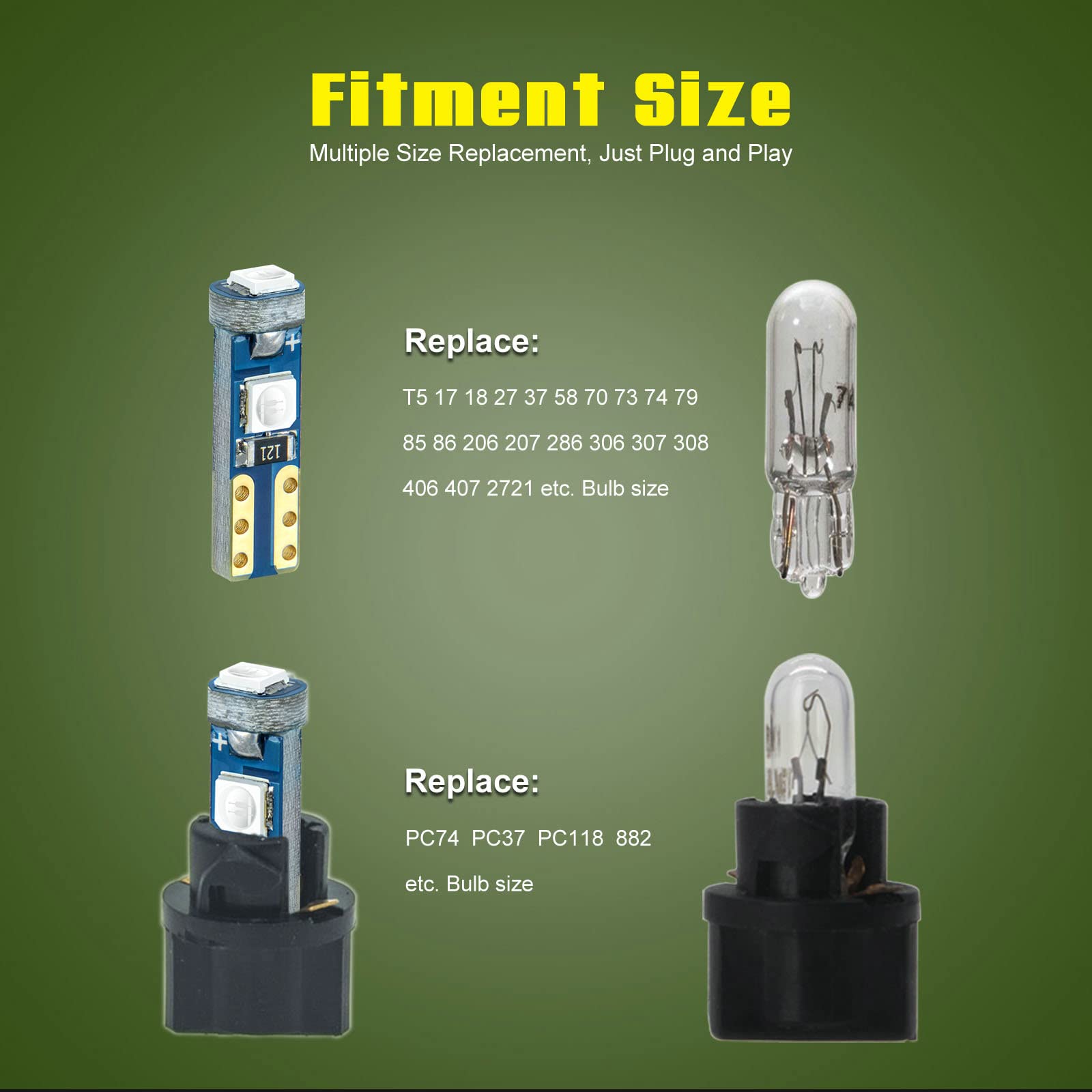 Green T5 Pc74 Pc37 Pc118 T10 Pc168 Pc175 Pc194 Pc194G Pc195 Pc160 Pc161 Instrument Cluster Light Led Bulb Replacement 37 74 73 2