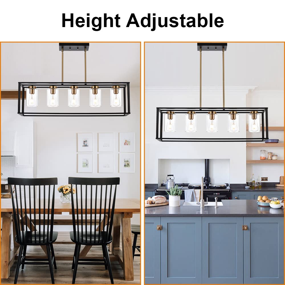 VINLUZ 5-Light Farmhouse Chandelier, Black and Brass Metal Pendant Light, Clear Glass Shade, Model 1811-5-23
