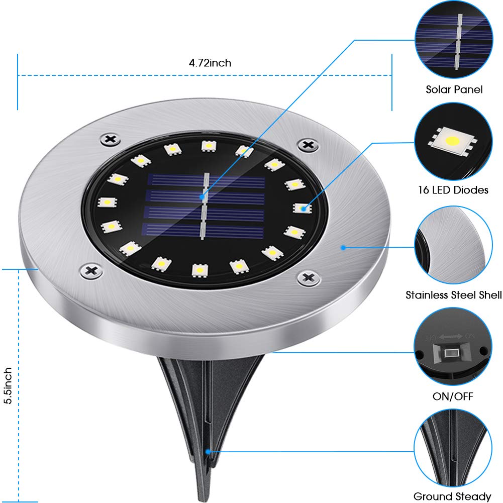 NFESOLAR Solar Disk Lights - 16 LEDs, Waterproof, Blue, 8 Pack for Garden, Pathway, Driveway Lighting
