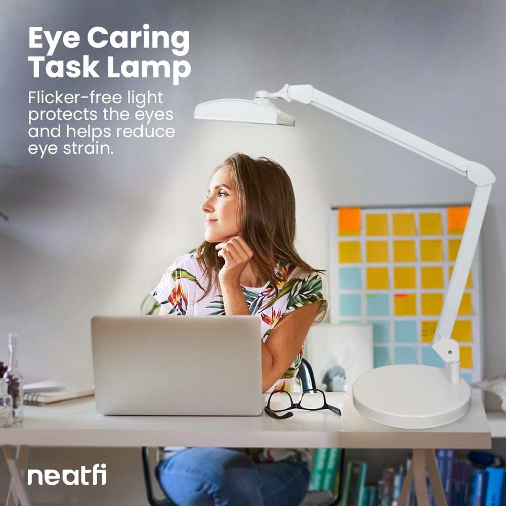 Neatfi LED Desk Lamp, 3500 Lumen, Dimmable, 3 Light Modes, 26 Inch Metal Shade, White