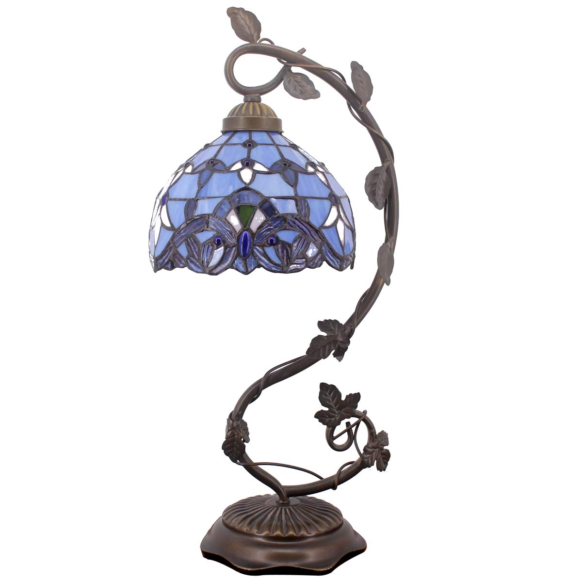 WERFACTORY Tiffany Table Lamp Blue Purple Stained Glass Baroque Style Reading Desk Light, Metal Leaf Base 8X10X21 Inches Decor S