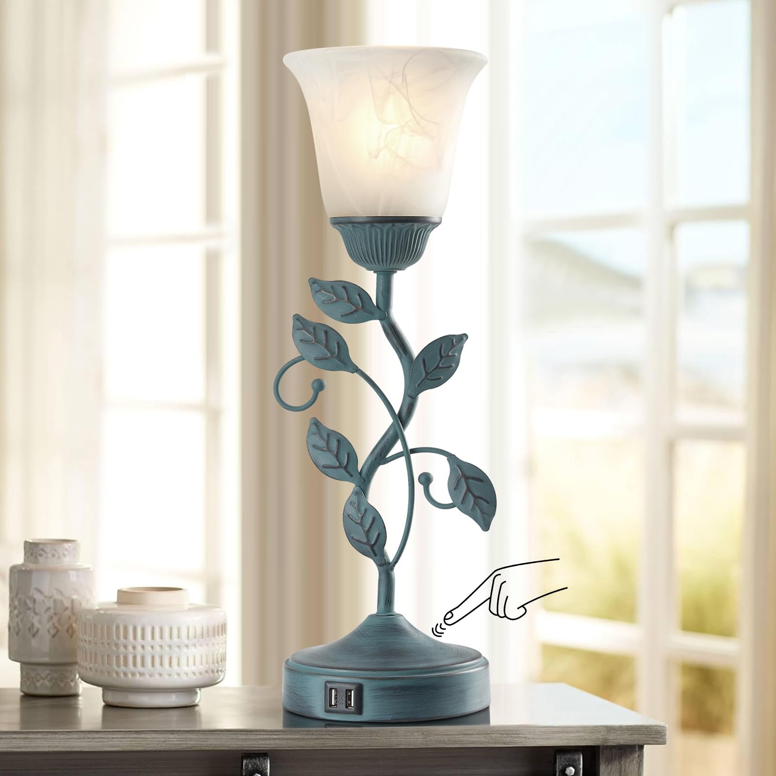 RORIANO Vintage Touch Table Lamp, 3-Way Dimmable, USB Ports, Retro Green, Model LM-8902, Glass Shade, Ideal for Living Room or Bedroom