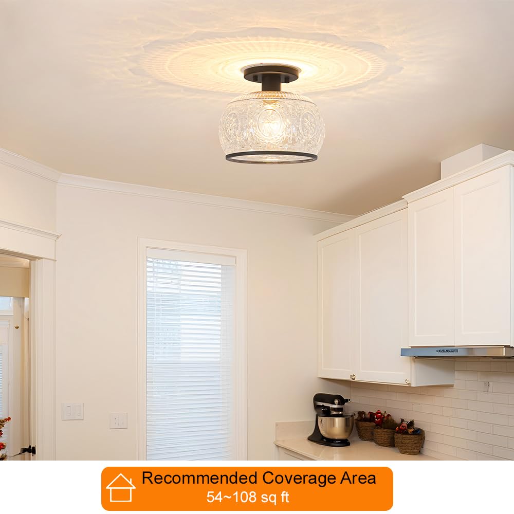 Oiyio Black Vintage Semi-Flush Mount Ceiling Light With Globe Glass. Ideal For Small Kitchen, Closet, Hallway, Entryway, And Bat