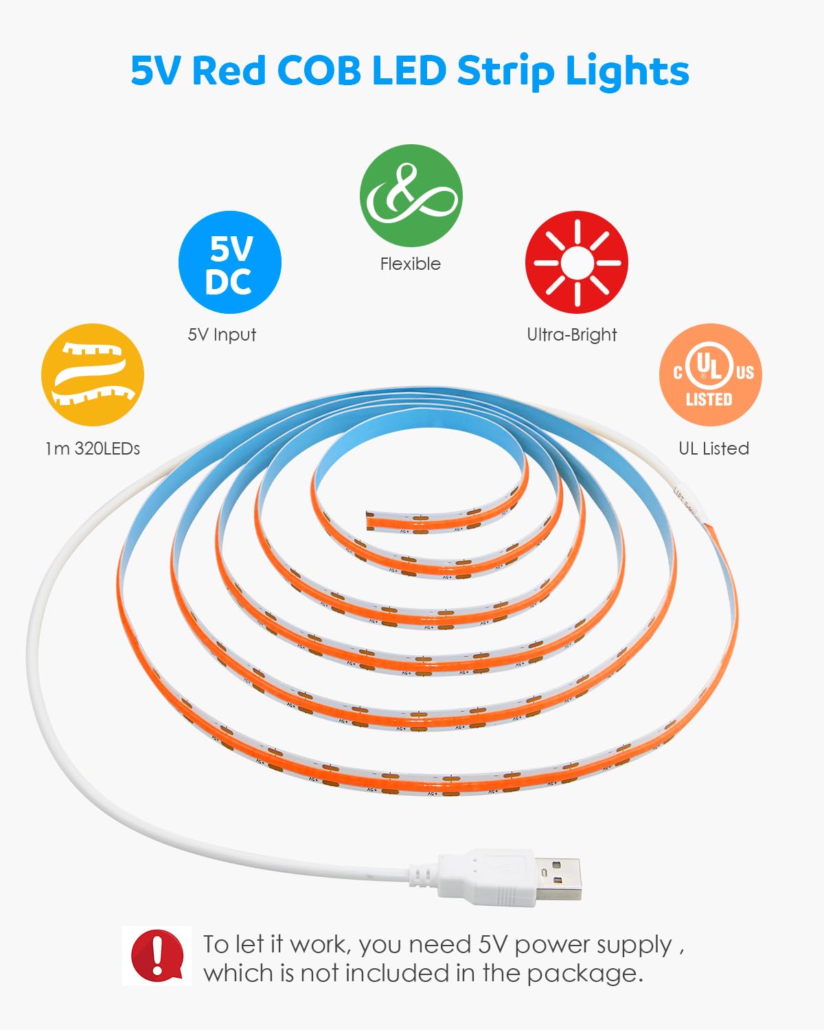 Aclorol Cob Led Strip Light 5V Usb Powered Cob Led Light Red 3.28Ft 320Leds Cri85+ Flexible Led Light Strip 1M For Tv Wall Secre