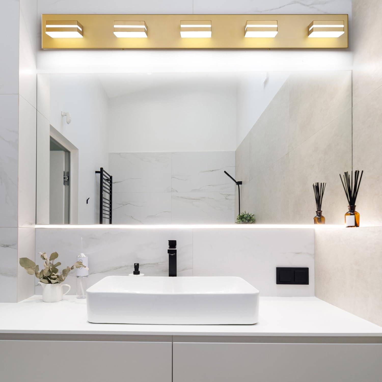 Sinerise Led Modern Bathroom Vanity Light Fixtures (5-Light, 40-Inch), Matte Gold Modern Acrylic Bathroom Wall Lighting Fixtures