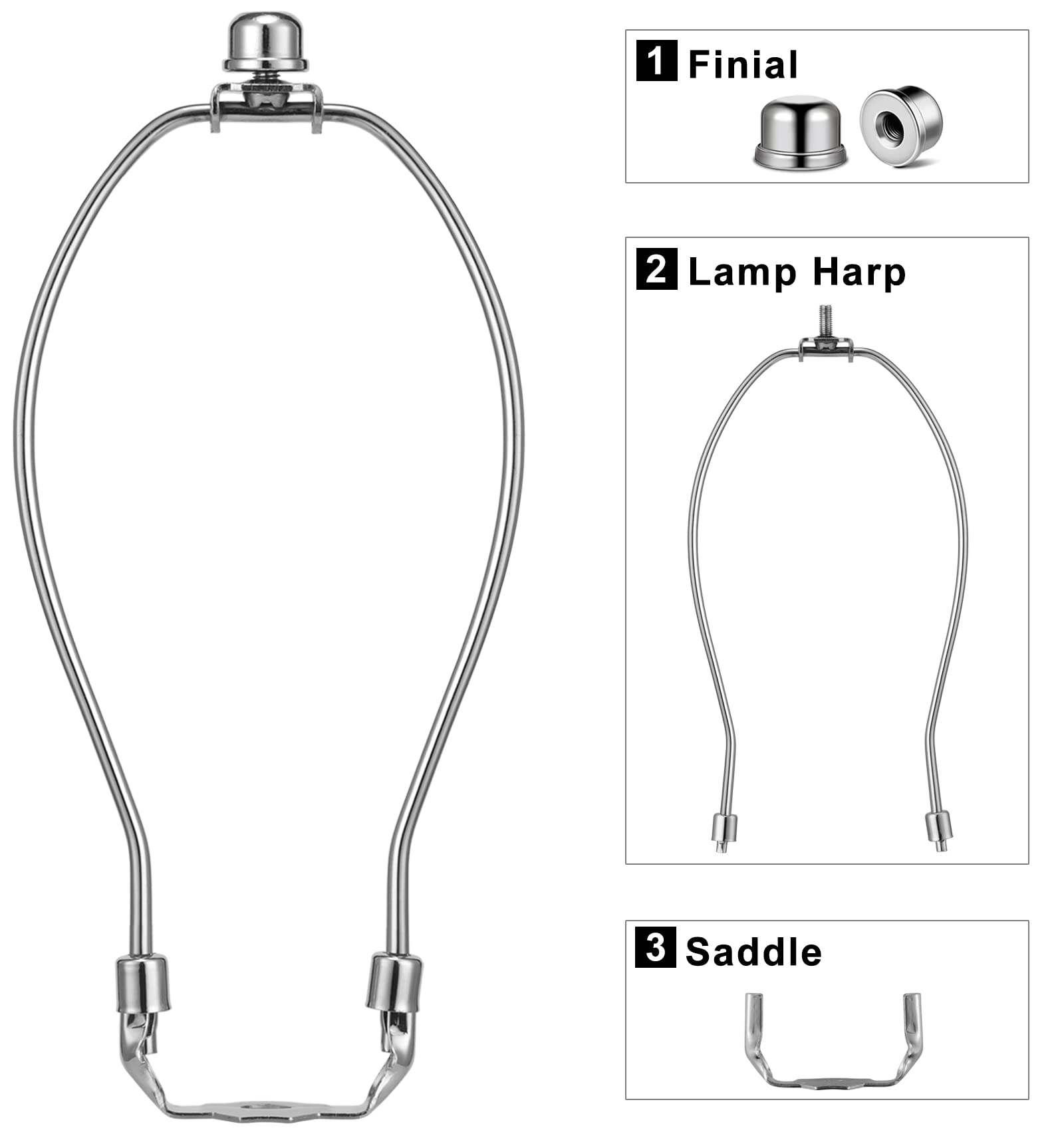 Qc 9 Inch Lampshade Harp Kit with Solid Lamp Finial Caps, Heavy Duty Metal Holder, Nickel Finish