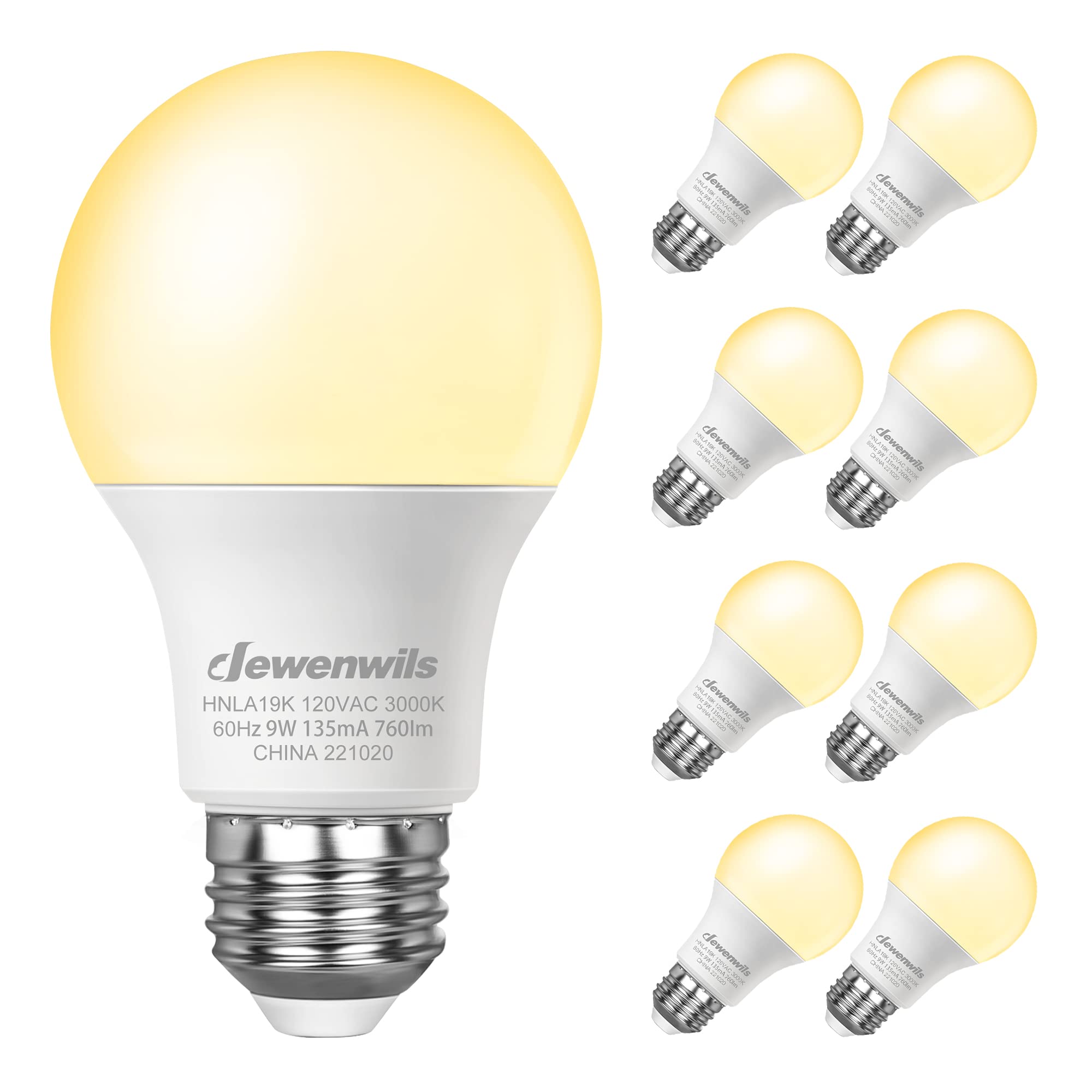 Dewenwils 8-Pack A19 Led Light Bulb, 760Lm, 3000K Soft Warm Light Bulb, Energy Saving 9W(60W Equivalent) Led Bulb, E26 Medium Sc
