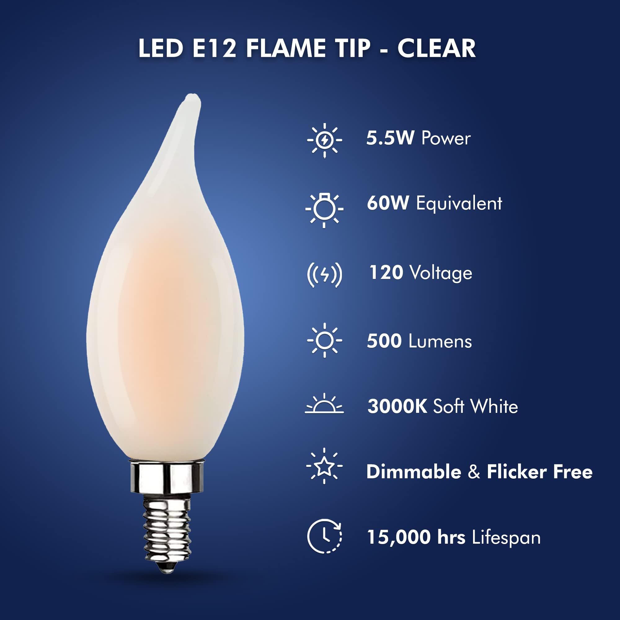 Xtricity LED 6W Flame Tip Frosted E12 Candelabra Bulb 60 watt Equivalent, 500 Lumens, 3000K Soft White, Dimmable, 120V, E12 Cand
