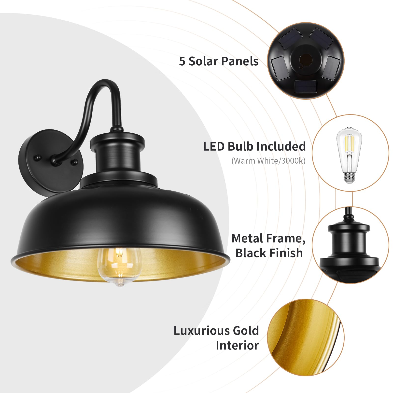 Diyel Solar Barn Light - Gooseneck Outdoor Wall Sconce, Black+Gold, Metal, 1 Pack, Model RZSR007 BK