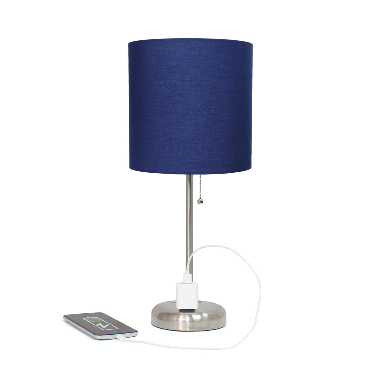 Simple Designs LT1144-NAV Sleek and Slender Brushed Steel Table Lamp with Charging Outlet, for Bedroom, Living Room, Entryway, Office, Dining Room, Study, Navy Blue Shade