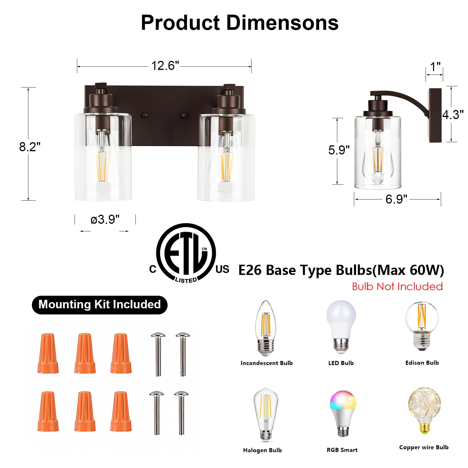 ALAISLYC 2-Light Bathroom Vanity Light Fixtures, Modern Bronze Metal, Clear Glass Shade, Model JF116, Ideal for Mirror and Hallway