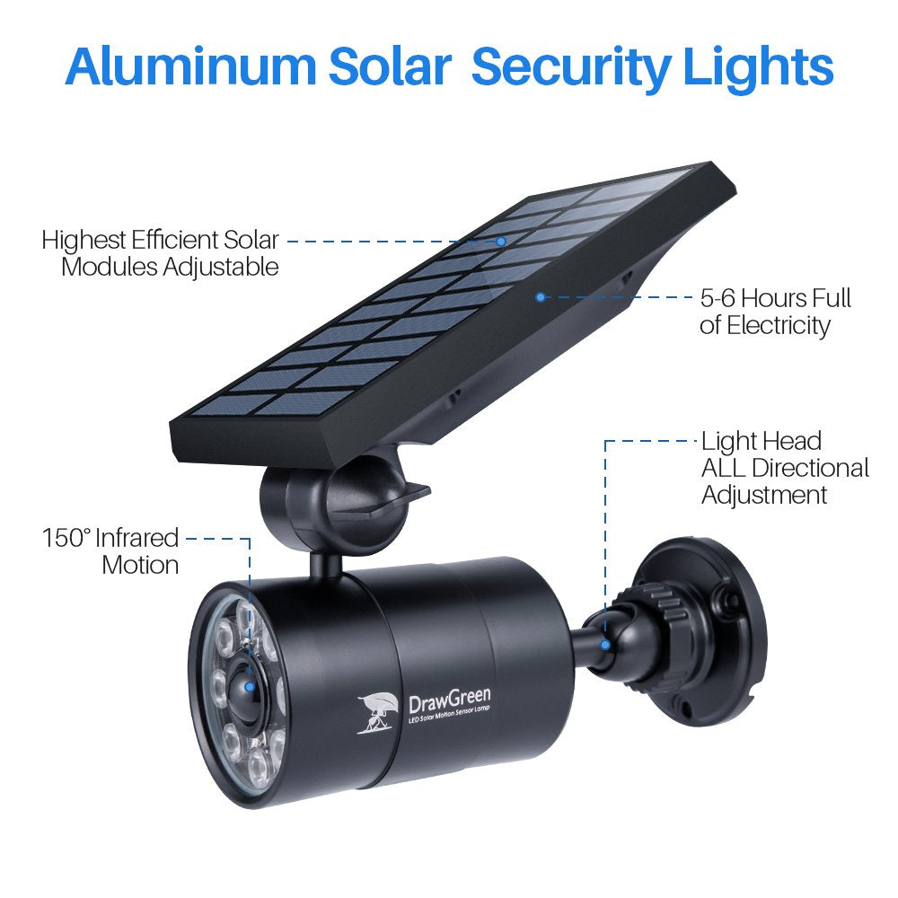 DrawGreen Solar Motion Sensor Light - 1400-Lumen 9W Waterproof Outdoor Security Spotlight for Yard, Black, Model DG08-S2b