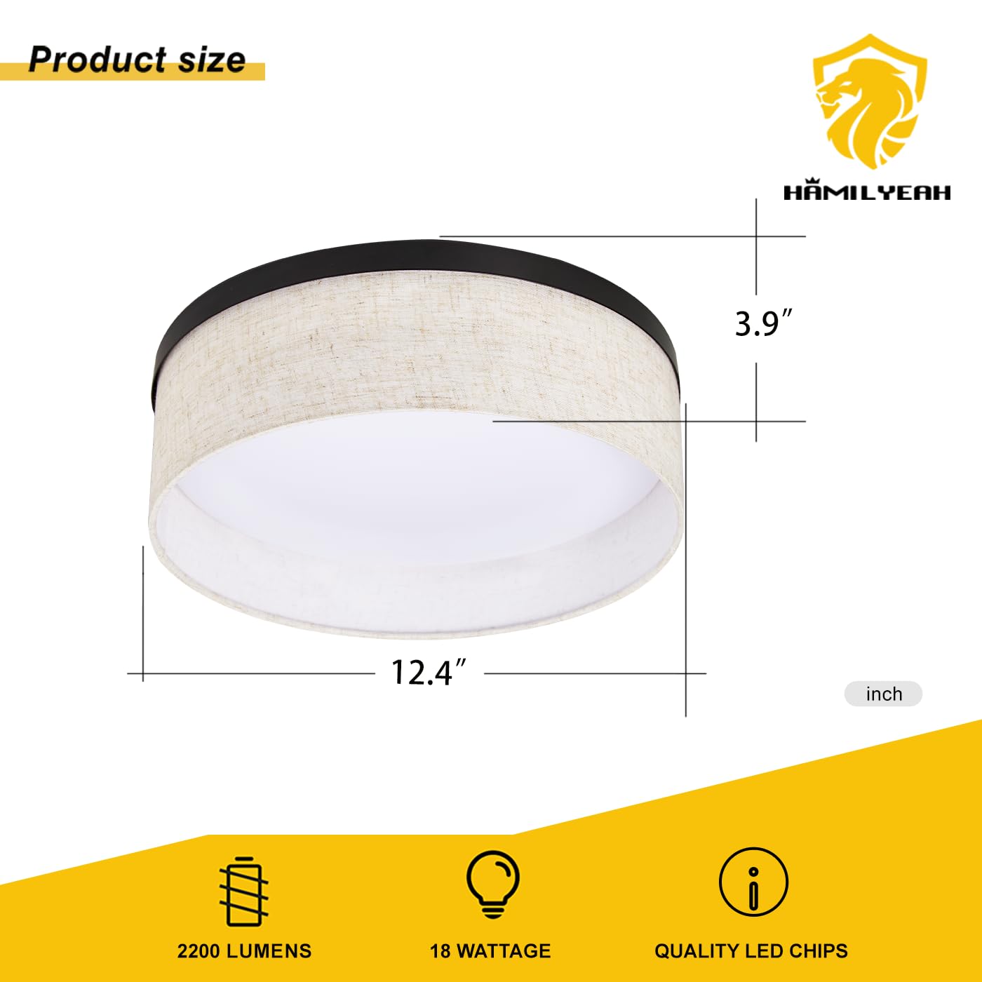 Hamilyeah Flush Mount Ceiling Light Fixture With White Fabric Shade, Led Close To Ceiling Lighting 24W, Modern 12 Inch Round Light Fixtures Ceiling Mount For Bathroom, Bedroom, Living Room,Kitchen