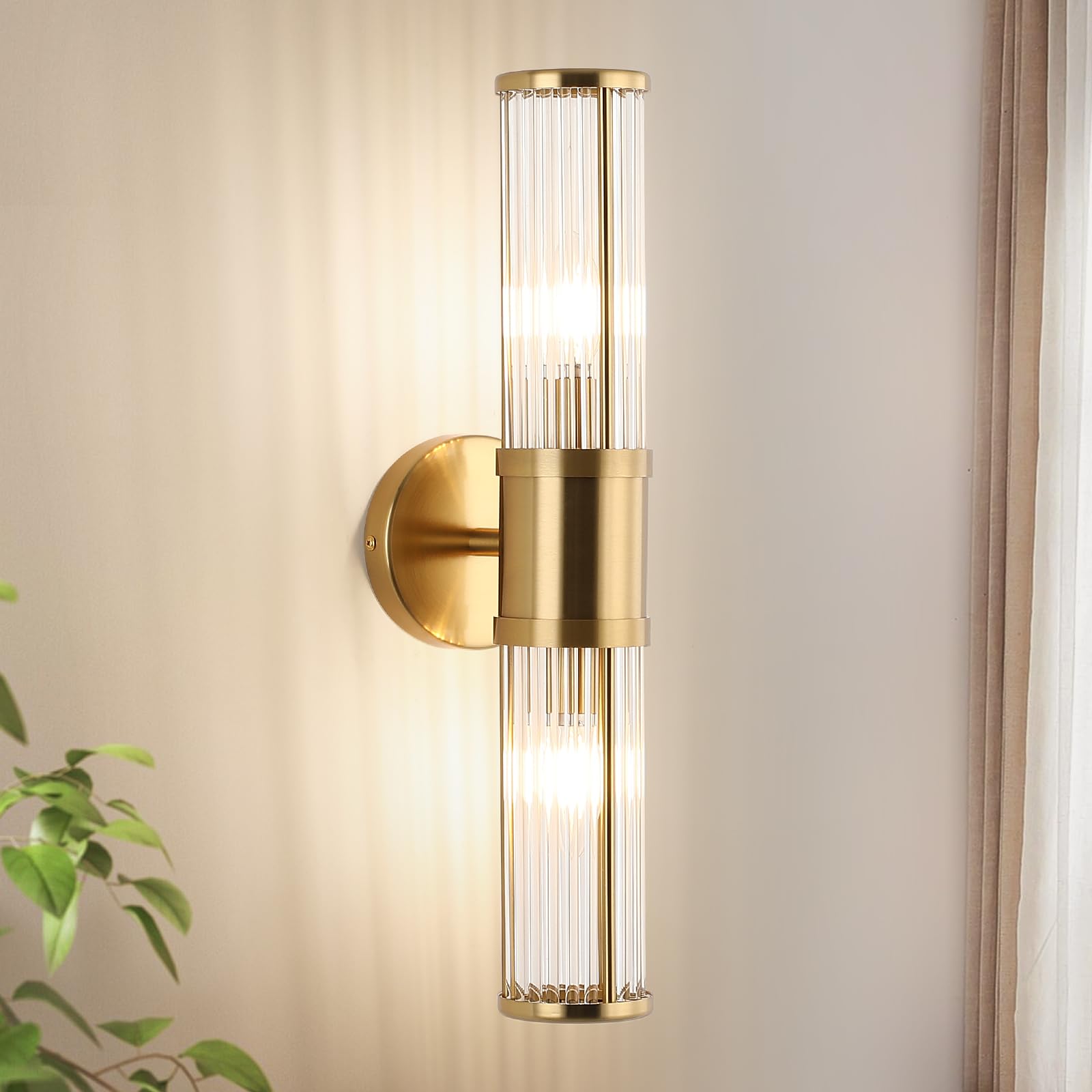 Ecobrt Glass Rods Wall Light Fixture, Brass Indoor Vanity Light, E12 Socket, Model 1630-Brass, Brushed Brass Finish
