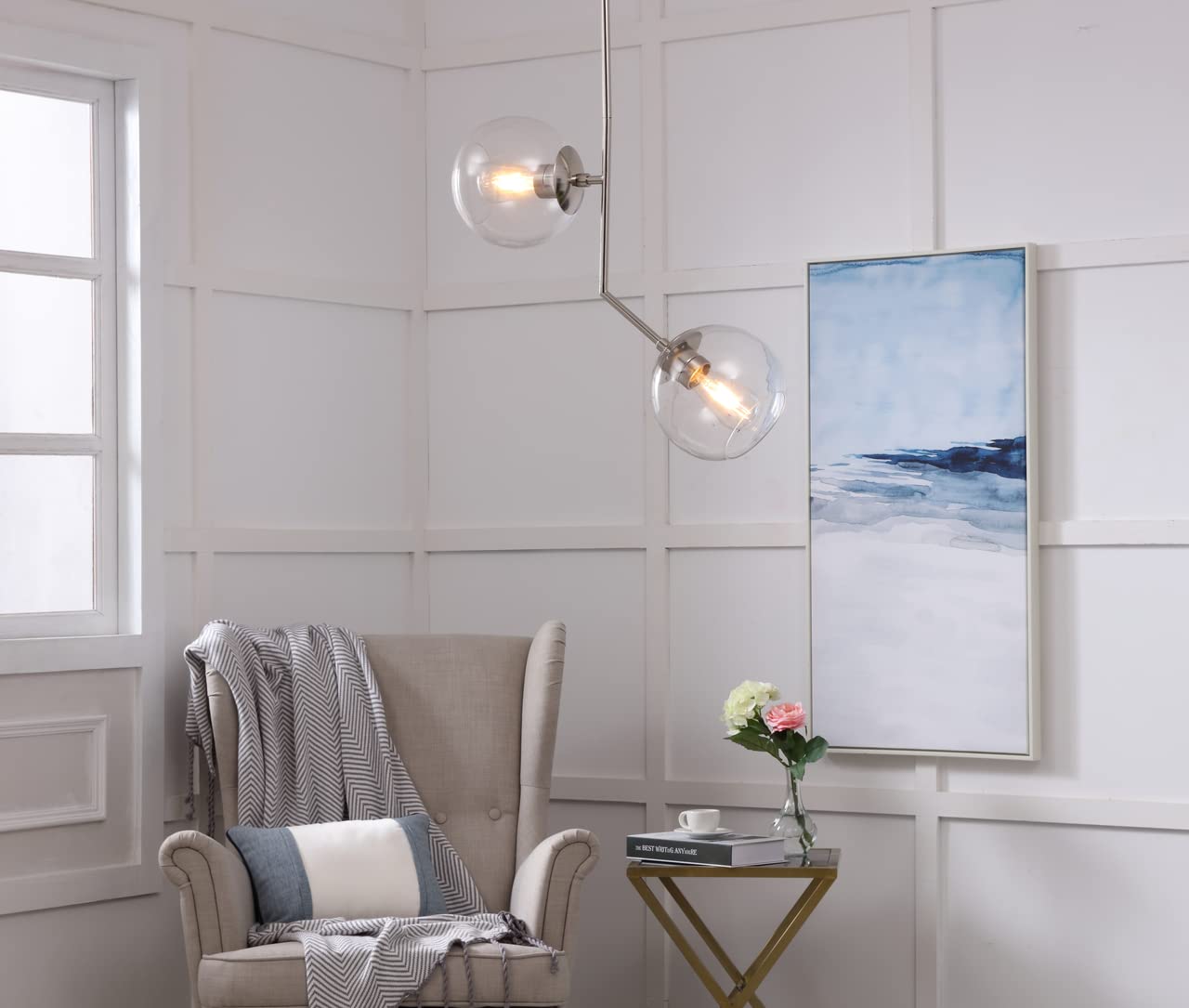 Living District Chrome & Clear Glass 2-Light Pendant Ceiling Light, Modern Home Decor