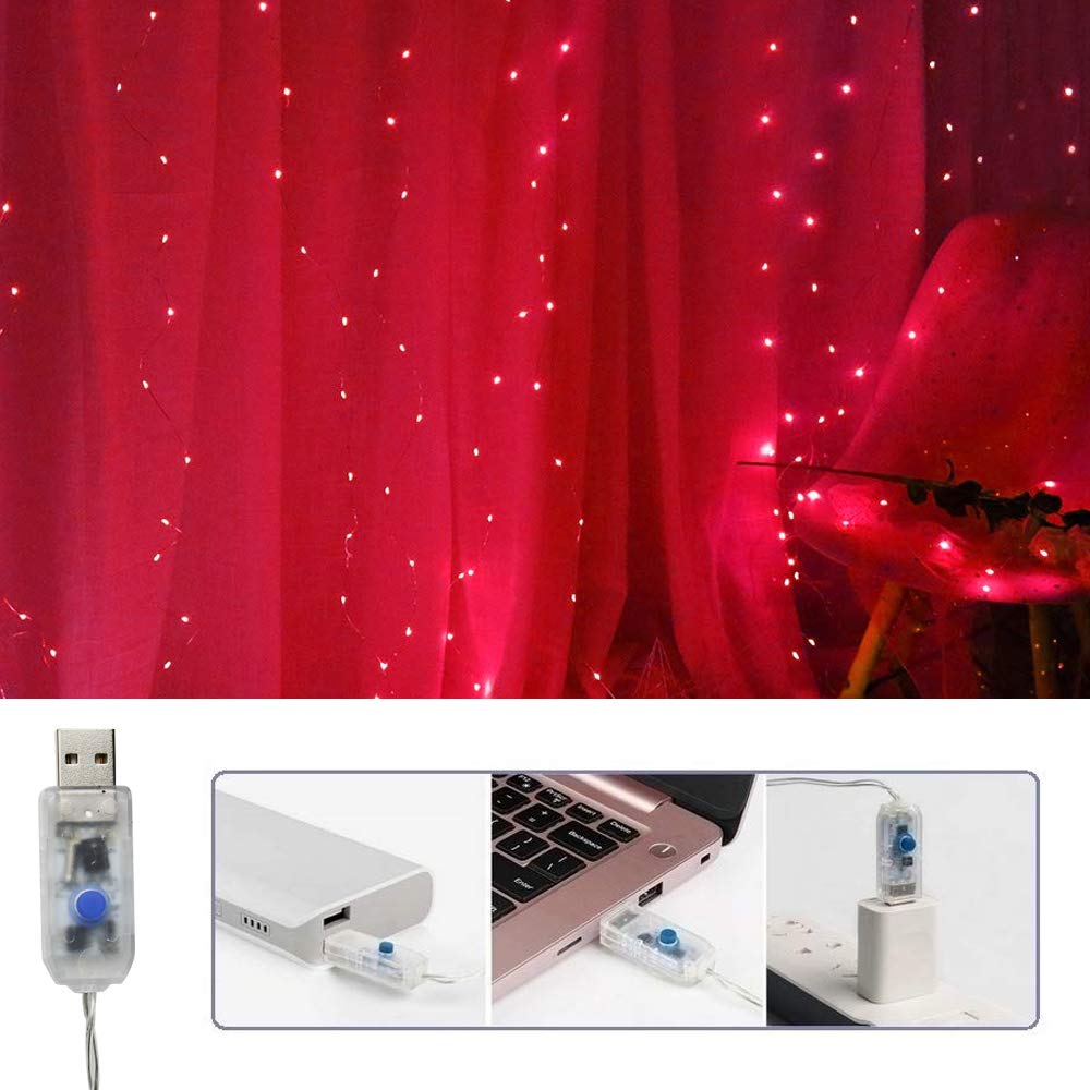 Vicila 300 LED Curtain Lights - Red Fairy Lights with Remote, USB Power, 8 Lighting Modes, 9.8ft x 9.8ft, Perfect for Xmas & Valentine's Day Decor