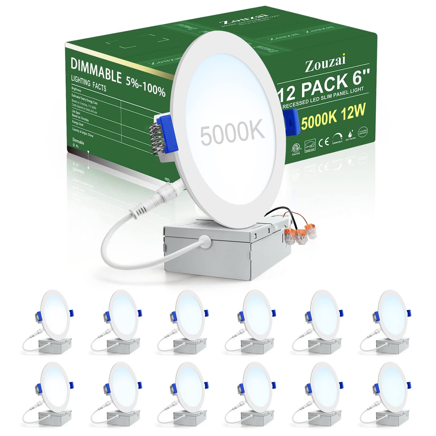 zouzai 12 Pack 6 Inch Ultra-Thin LED Recessed Ceiling Light with Junction Box, 5000K Daylight, 12W Eqv 110W, Dimmable Canless Wa