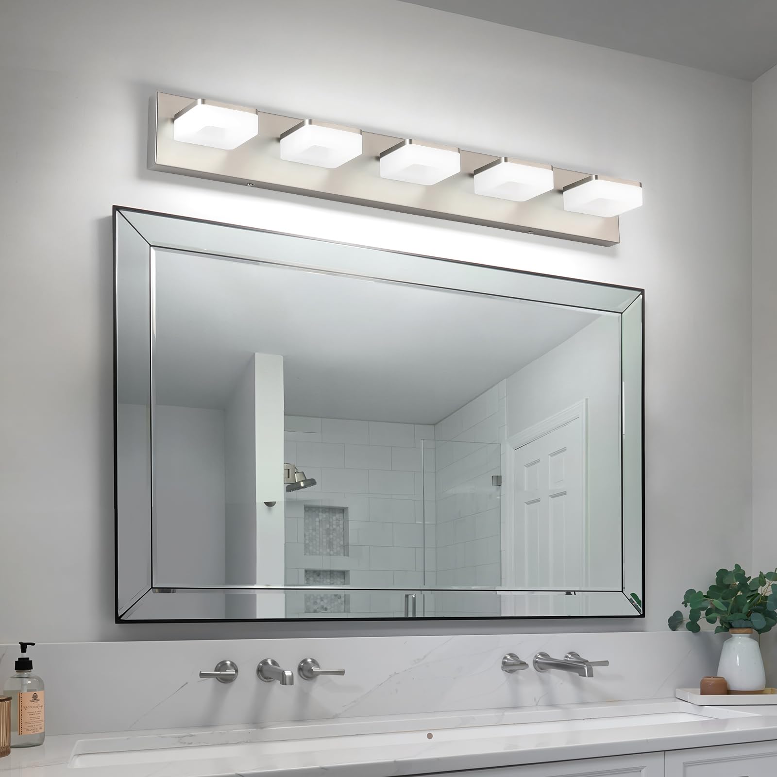 Bicrink 5-Light Brushed Nickel Vanity Light Fixture, 32" Modern LED Bath Lighting for Mirror, Model 9811-N-5T
