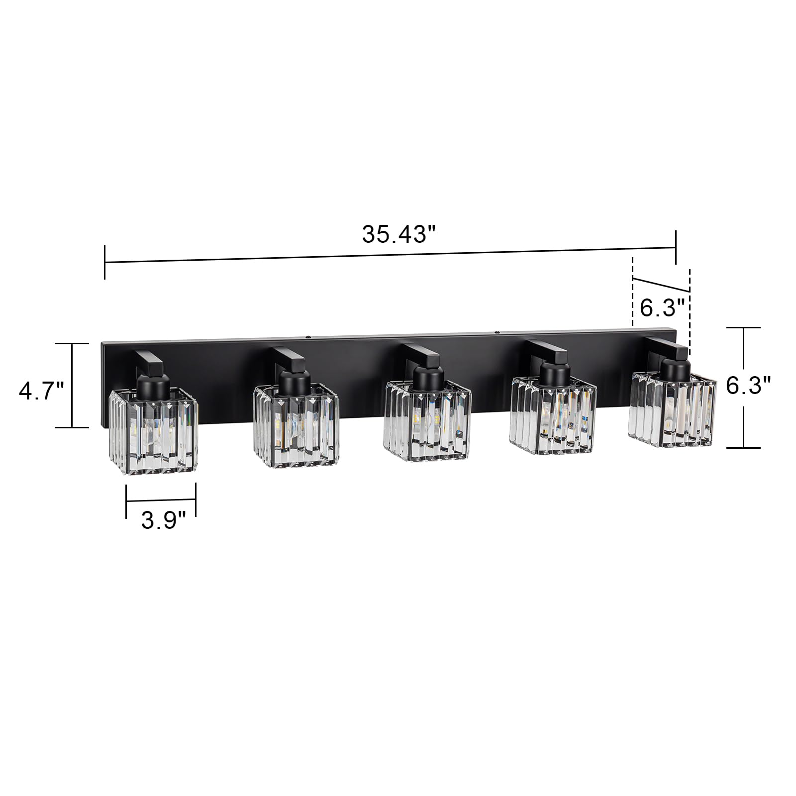 Huoku 35.43 Black Crystal Bathroom Vanity Light 5-Lights Modern Bathroom Lighting Fixtures Over Mirror  Crystal Wall Light
