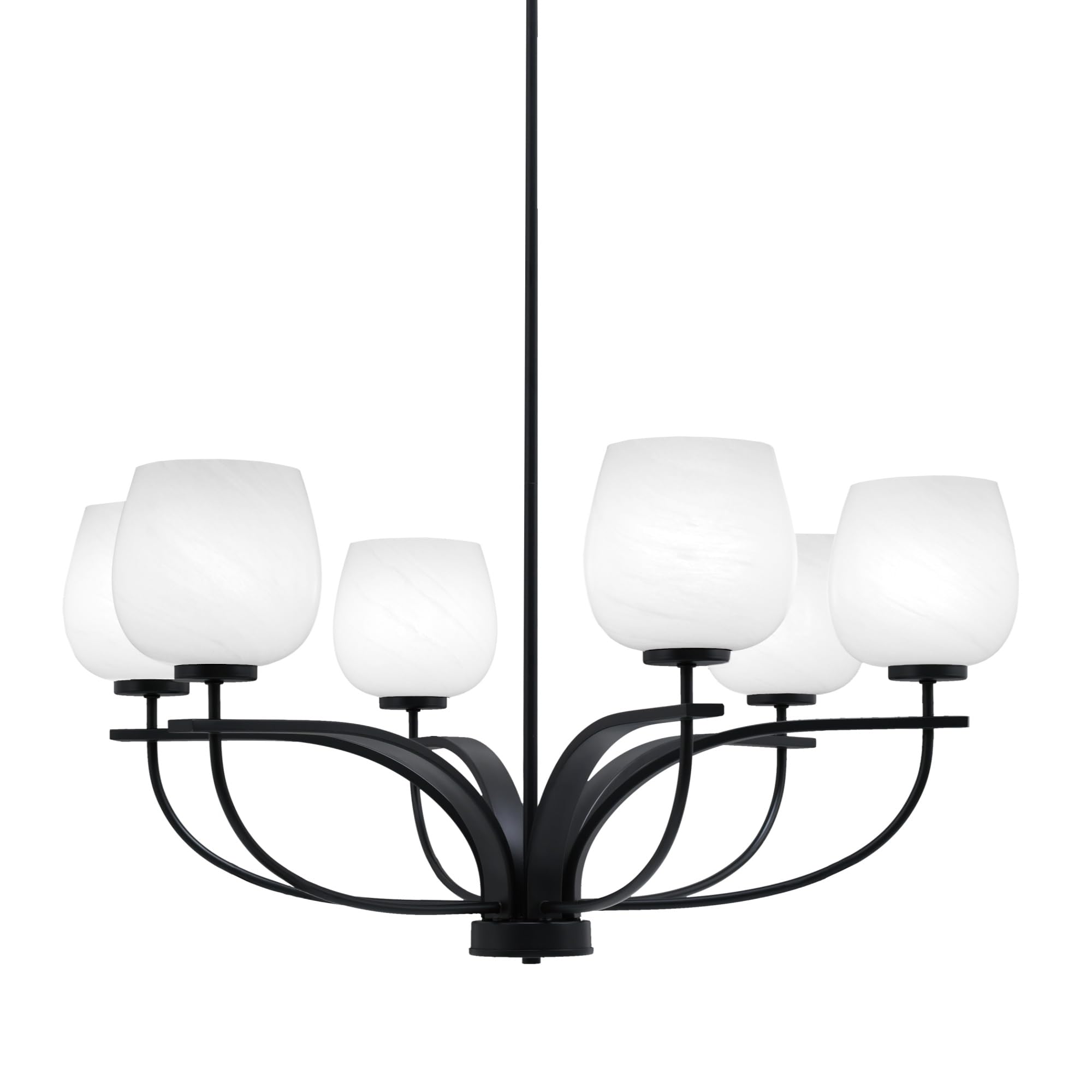 Toltec Lighting Cavella 6 Light Chandelier Shown in Matte Black Finish with 6&quot; White Marble Glass