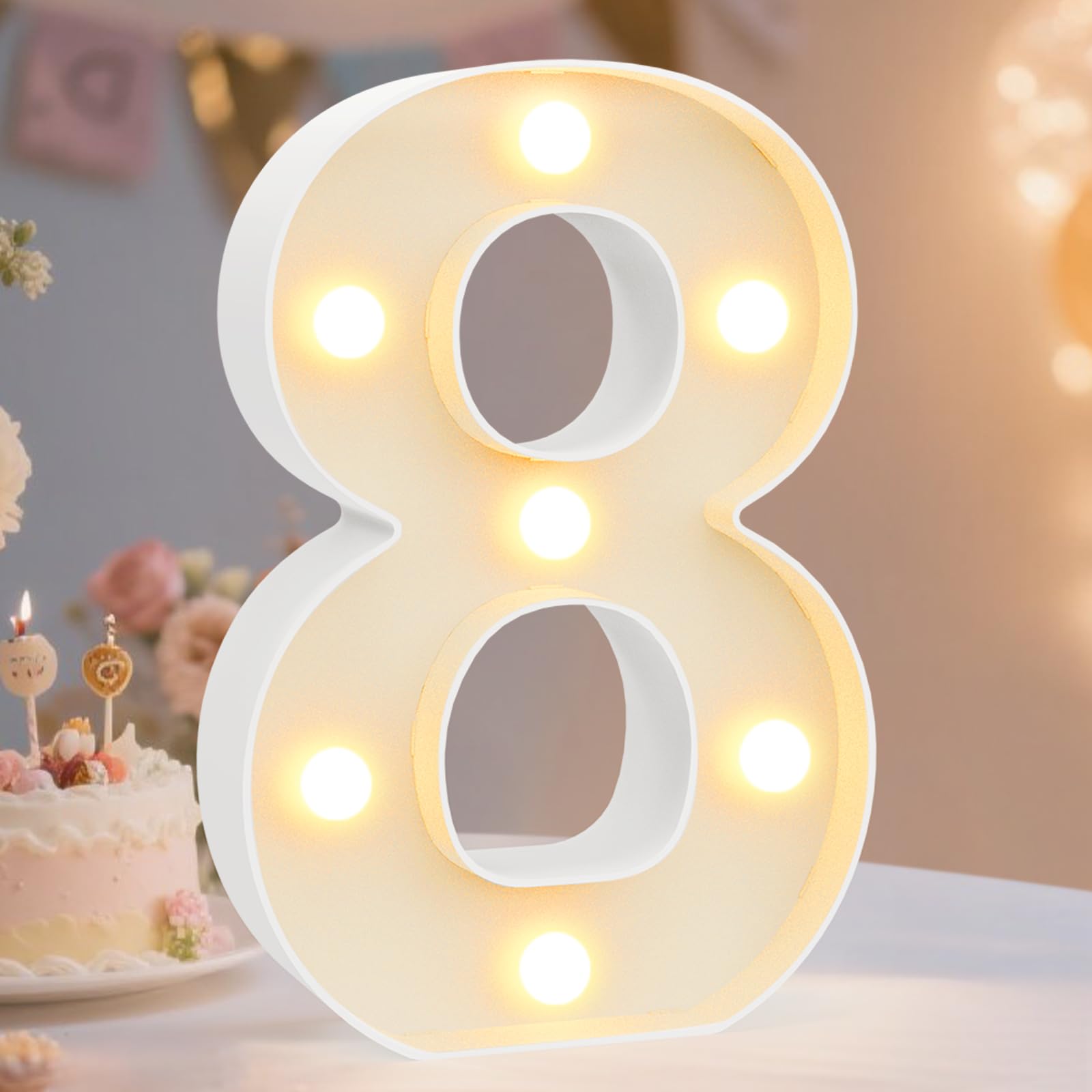 Pooqla Decorative LED Light Up Number Letters, White Plastic Marquee Lights Sign Party Wedding Decor, Battery Operated (8)