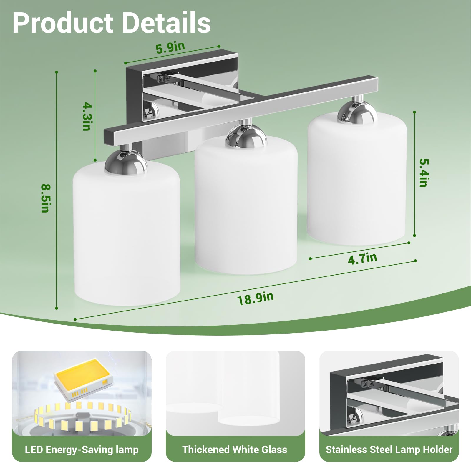 Quntis 3-Light LED Bathroom Vanity Light, Chrome & Milky White, Adjustable Colors, 18.9 inch, Model 9e5a3870-bf9c-4d