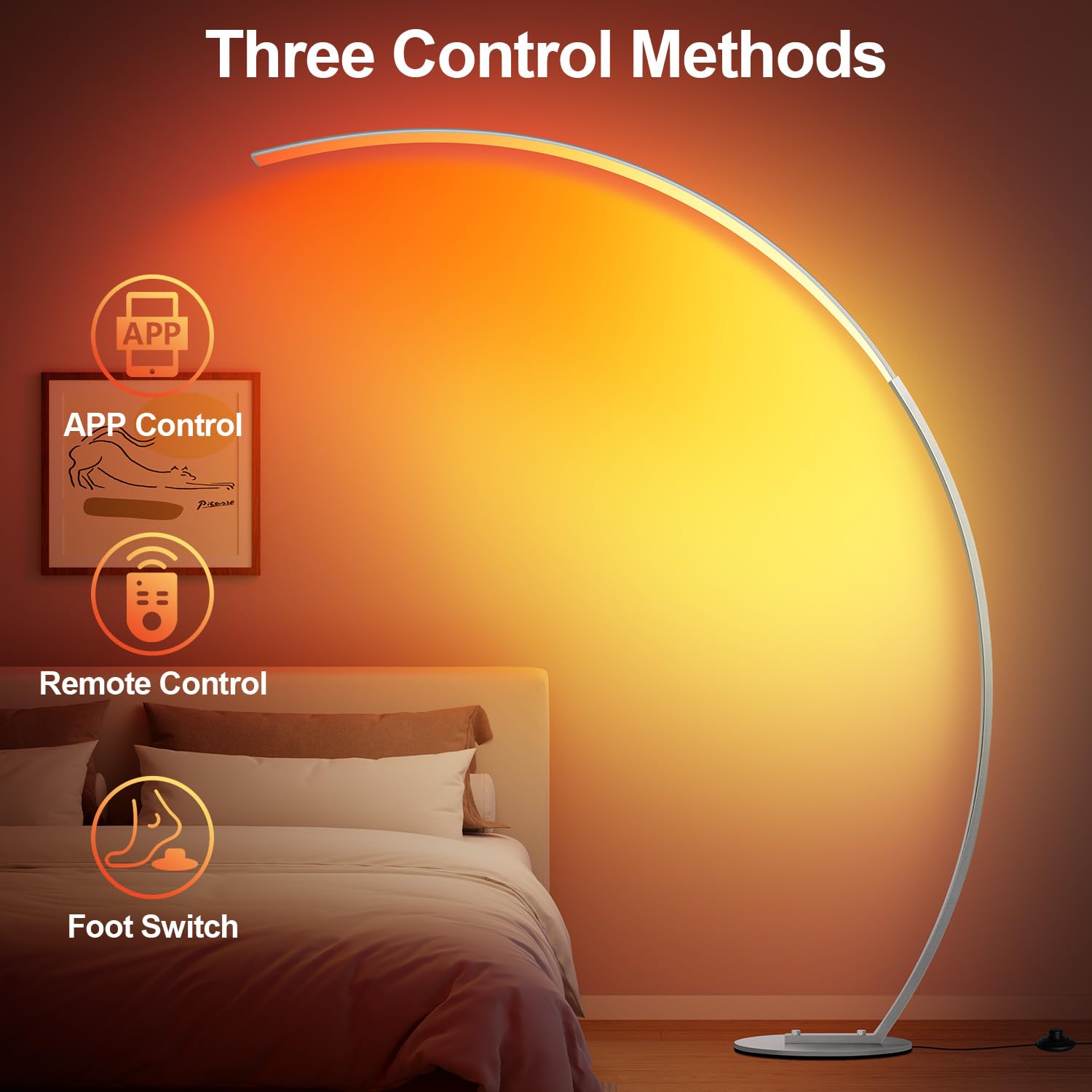Nintiue RGB Floor Lamp - 1800LM Smart Arc LED with Remote, Music Sync, Brushed Nickel, Model F230017P1RGBCW
