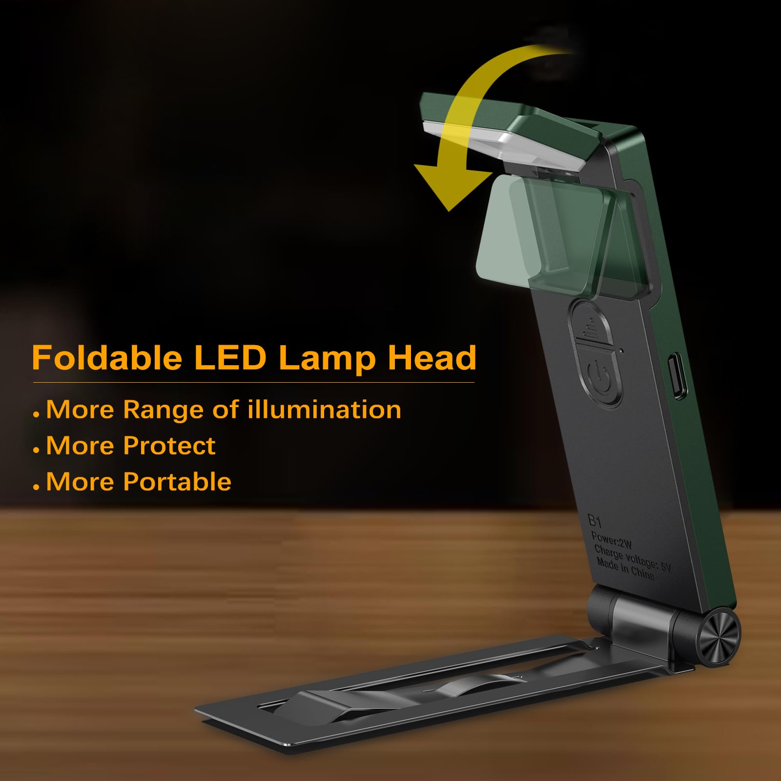 VTIGER USB Rechargeable Book Light, Foldable Clip-on LED, 3 Amber Colors, 4 Brightness Levels, Green, Model B1