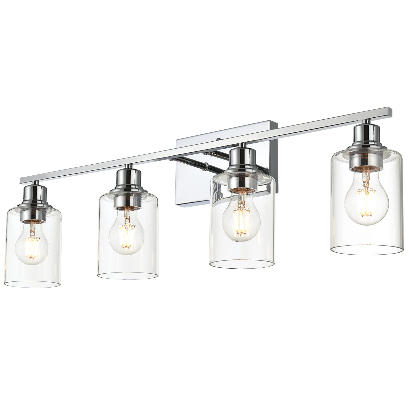 VINLUZ Chrome Vanity Light Fixtures, 4-Light Bathroom Lighting with Clear Glass Shade, Wall Mounted for Mirror and Living Room