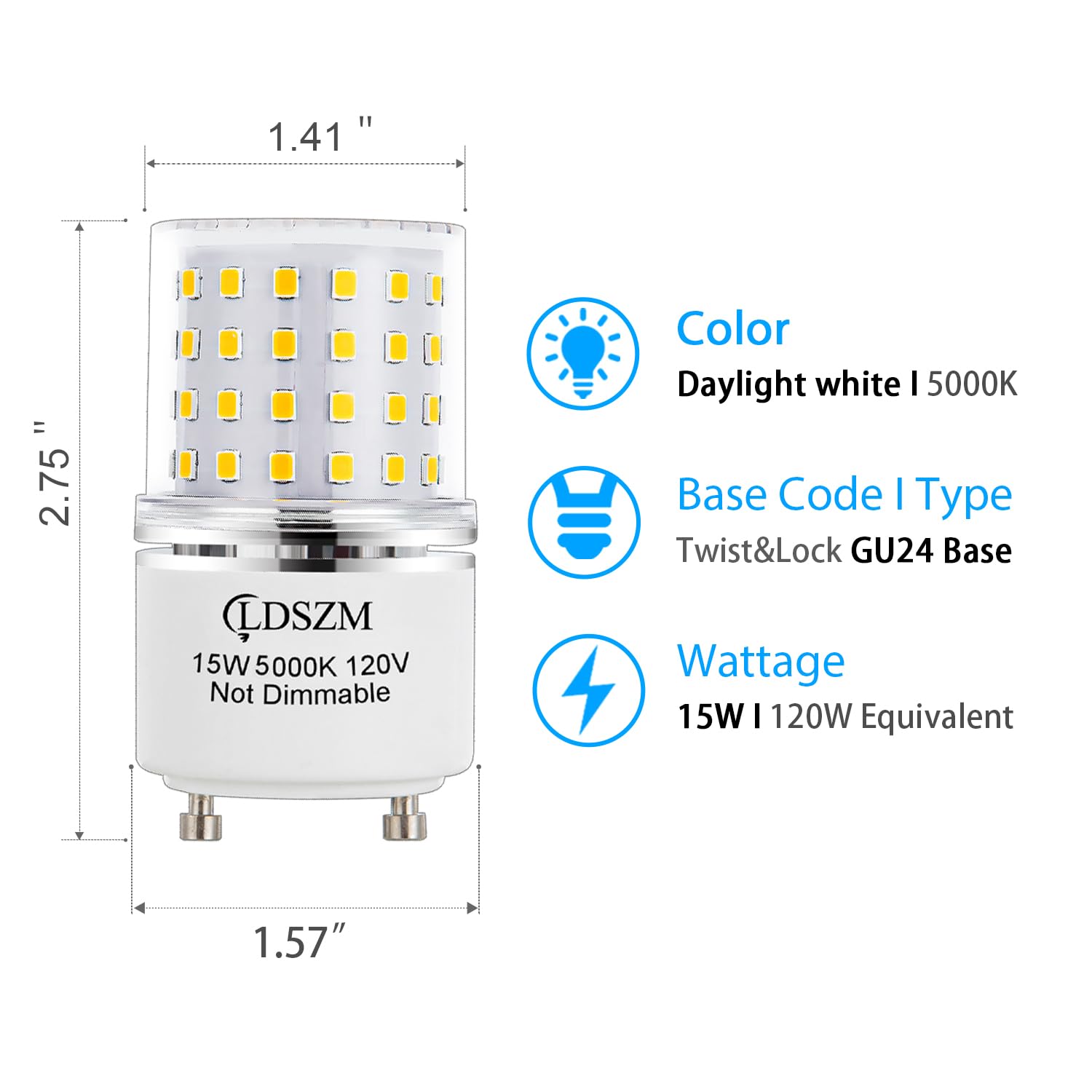 LDSZM GU24 LED Light Bulb 15W Non-Dimmable 1200lm 5000K Daylight, 4-Pack, Aluminum, Model 369-GU24-15