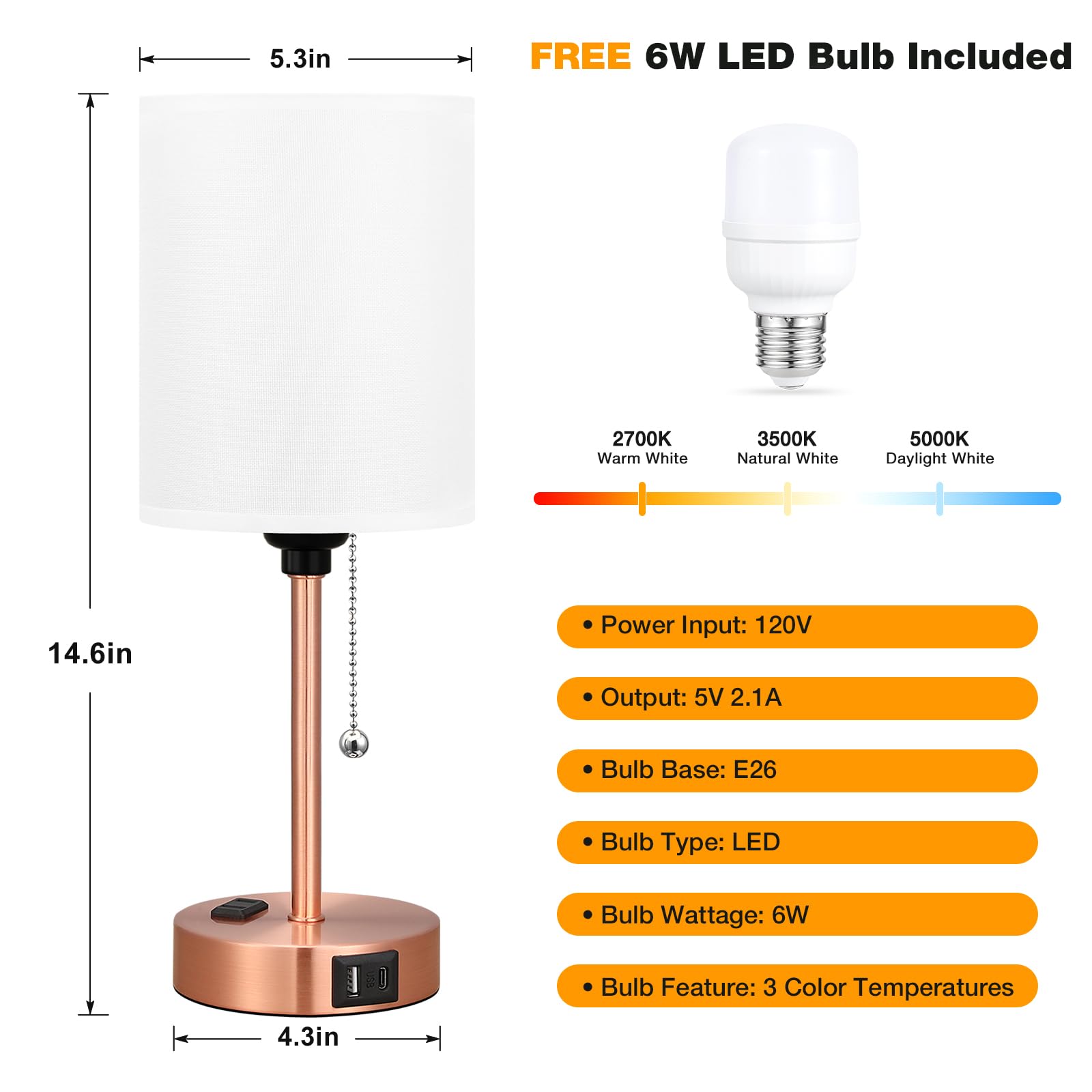 Dicoool Small Bedside Table Lamp For Bedroom - 3 Color Temperatures Brass Bedside Lamps With Usb C And A Ports, Pull Chain Table