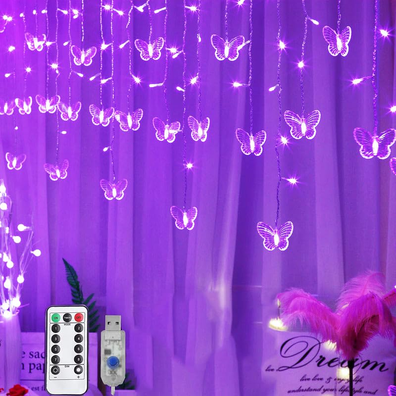 Lainin String Light 13FT 96LED USB Powered Curtain Light 16 Butterflies Strings 8 Mode Fairy Light Strip for Party Indoor Outdoor Room Garden Wall Wedding Christmas Xmas Decorations (Purple)