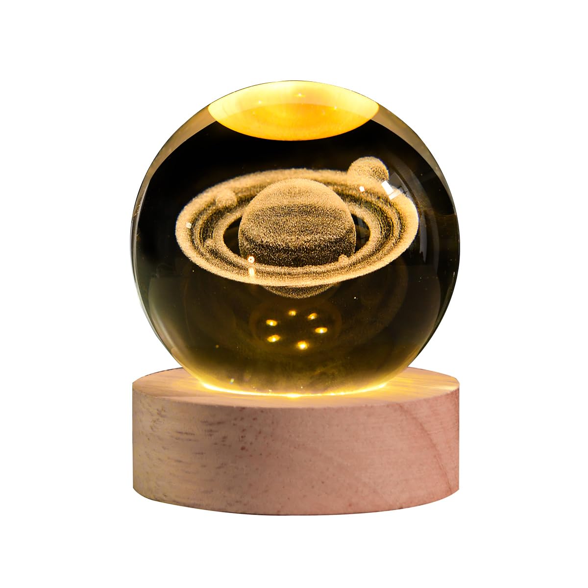QIANCHANG 3D Saturn Crystal Ball Night Light, 2.4in Glass Sphere, Decorative Lamp, LED Stand, Saturn Color