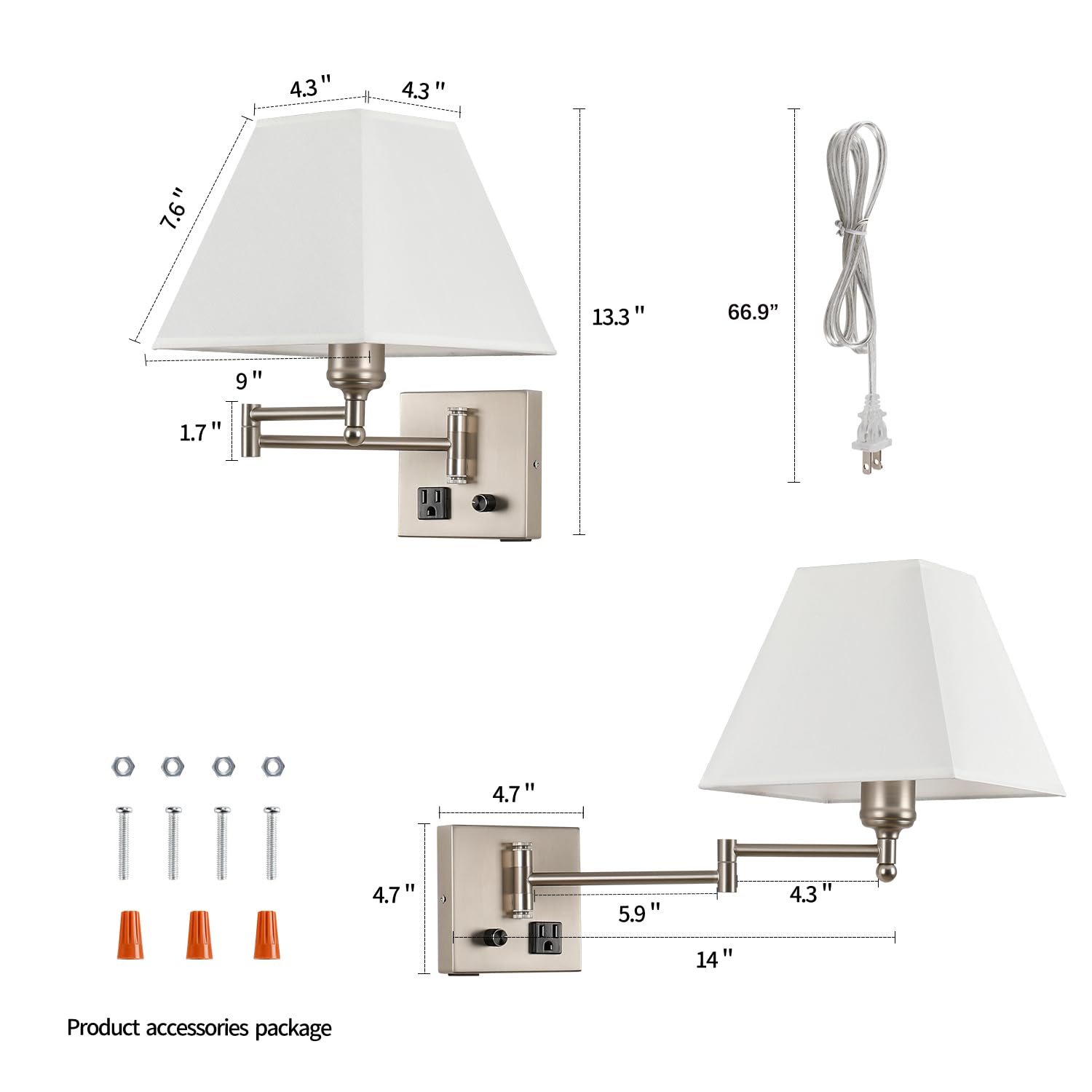 Plug in Wall Light,Swing Arm Wall Sconces with USB Port and Outlet,Wall Lamp with White Fabric Shade Dimmable Switch for Bedroom