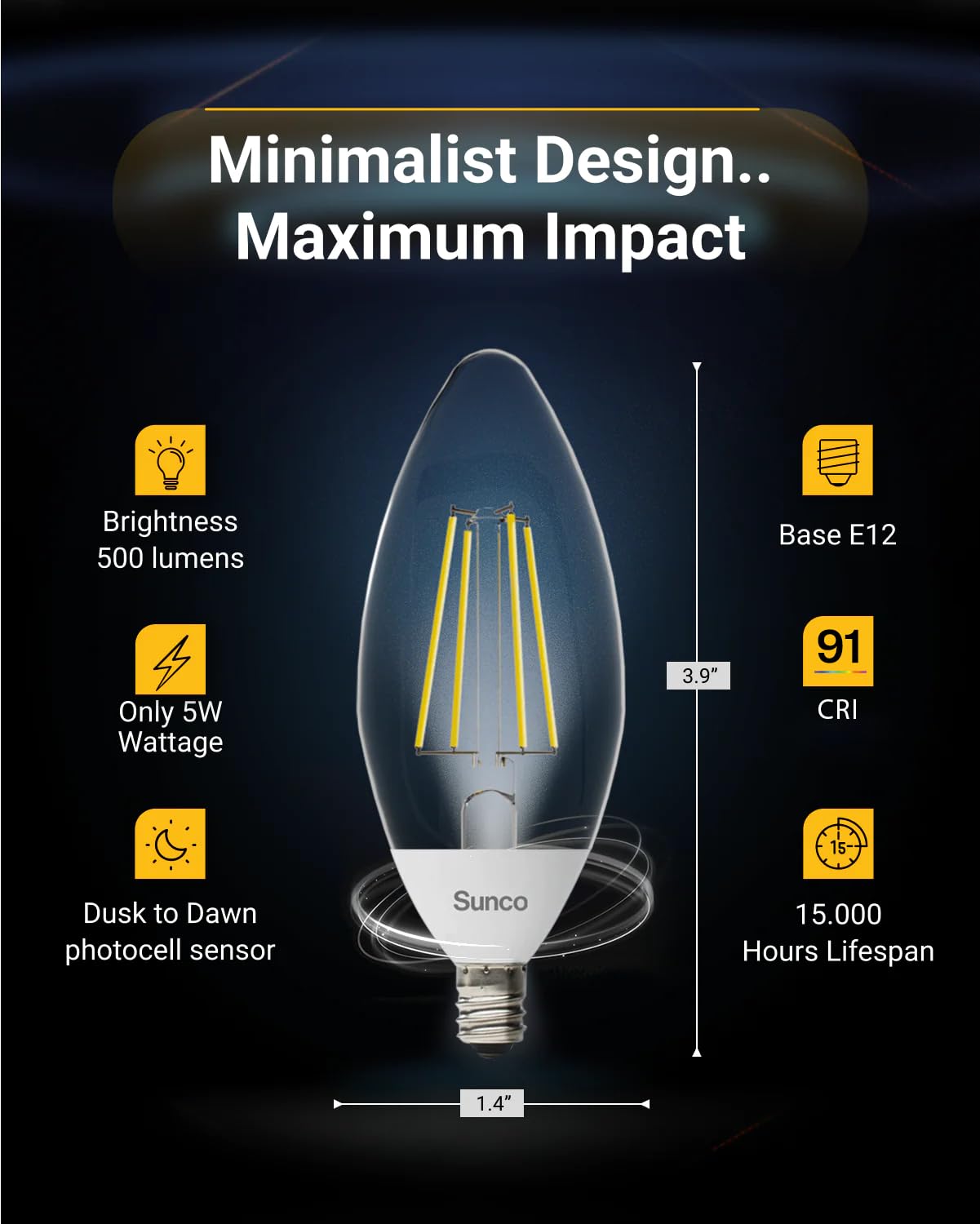 Sunco 10 Pack Led B11 Light Bulb Dusk To Dawn Candelabra, 5W Equivalent 40W, Cri91 4000K Cool White, 500 Lumens, Edison Vintage