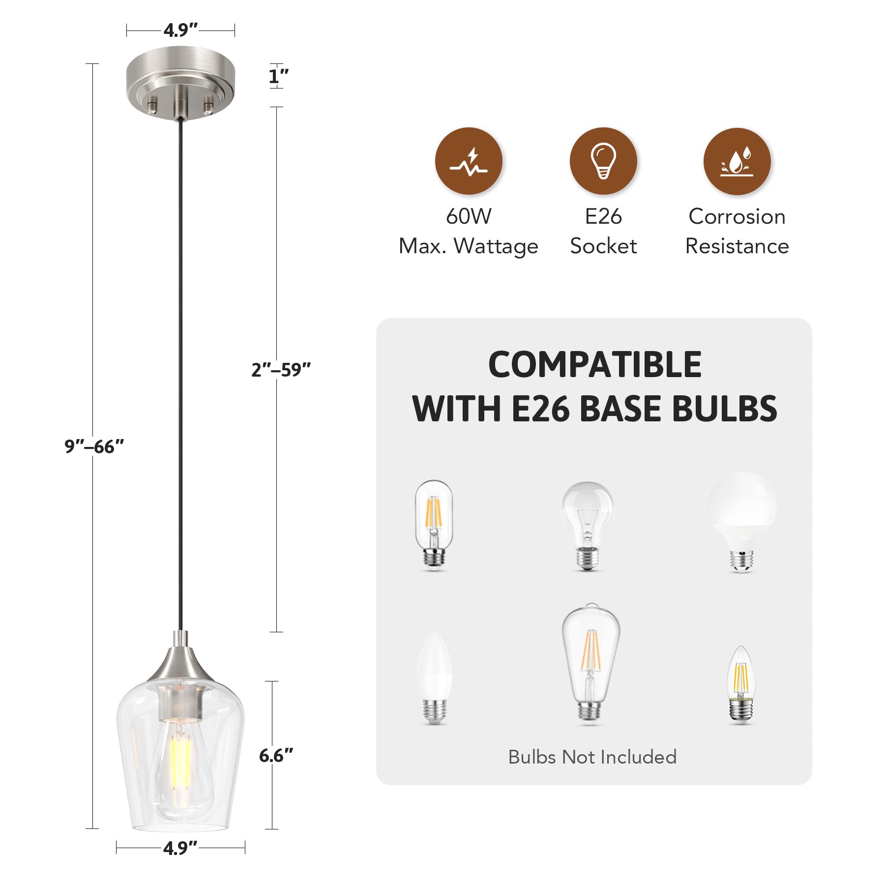 VONLUCE Brushed Nickel Pendant Lights, 3-Pack Adjustable Glass Shade Fixtures for Kitchen, Living Room, Bedroom - Model PDL-150N-3P