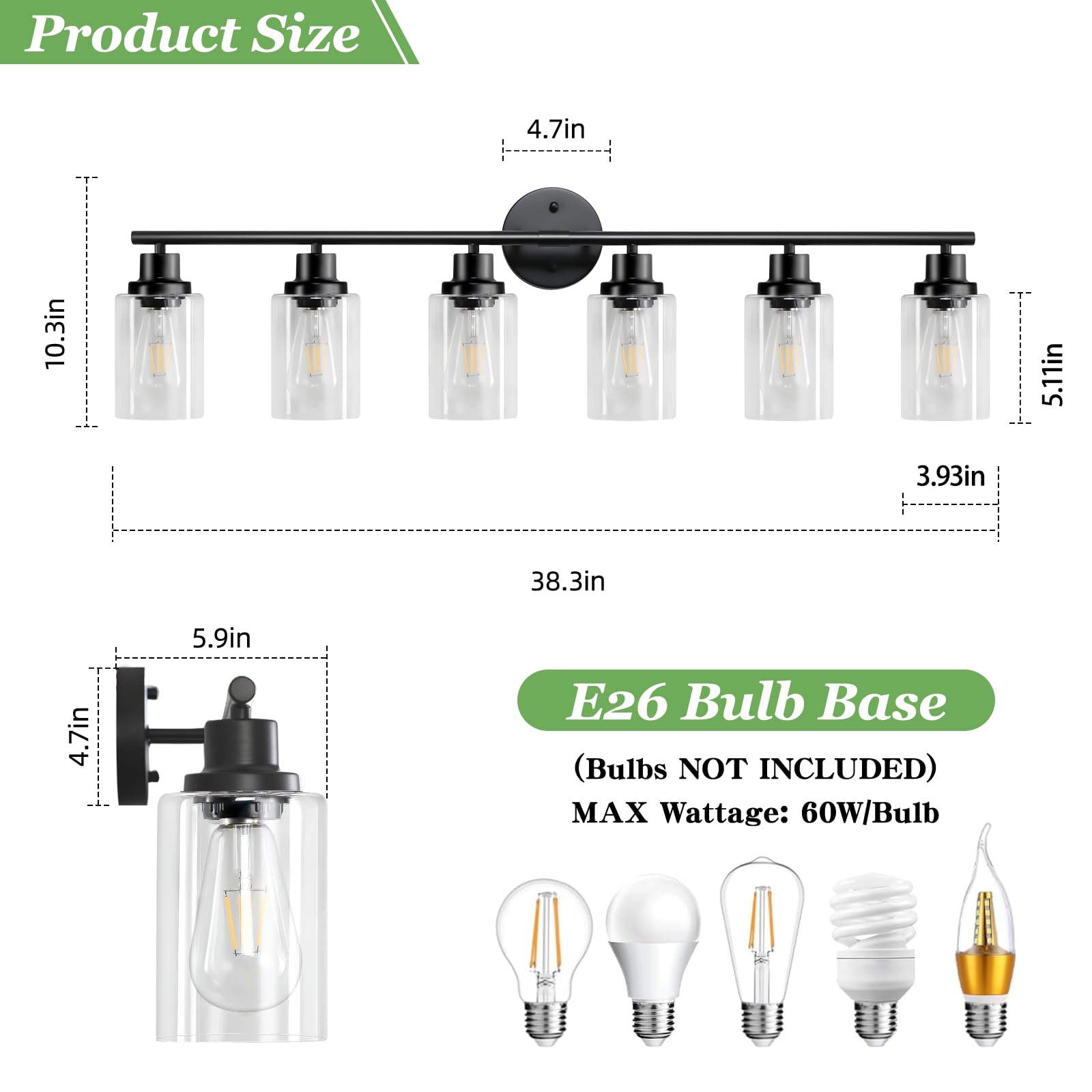 Guliaofo 6-Light Matte Black Bathroom Vanity Light Fixture, Metal Wall Lamp Over Mirror
