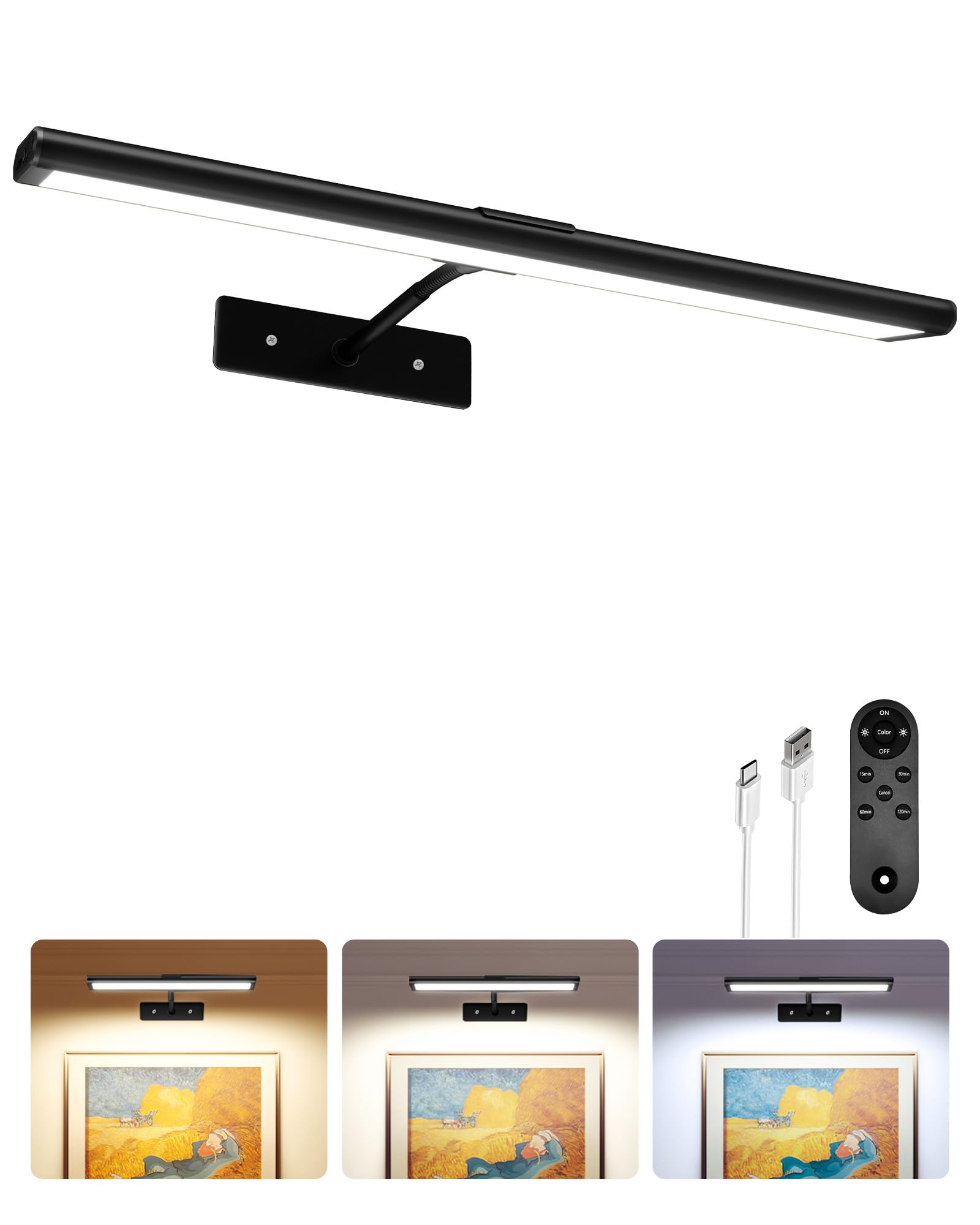 EZVALO Picture Light for Wall, 13 Black Rechargeable 4800mAh Battery Lights Wireless Remote, Dimmable Magnetic LED Art Paintin
