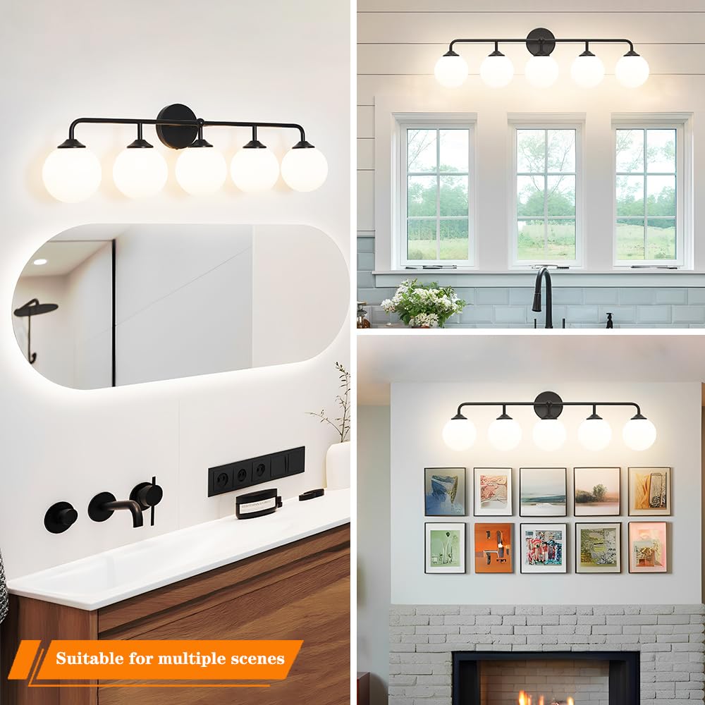 Dsmjfu Dsmjfu Modern Matte Black 5-Lights Bathroom Vanity Light  Lighting Fixtures Over Mirror With Milky White Glass Ball Shades  Wall Sconces For Bathroom Dressing Table Bedroom